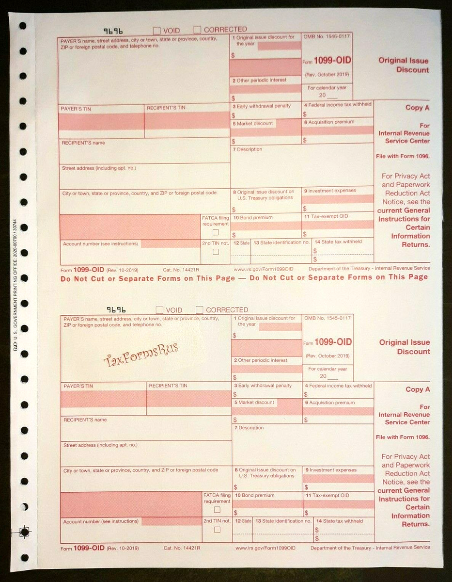 2023 IRS Tax Form 1099 OID Single Sheet Set For 2 Recipients Carbonless 5 pt EBay