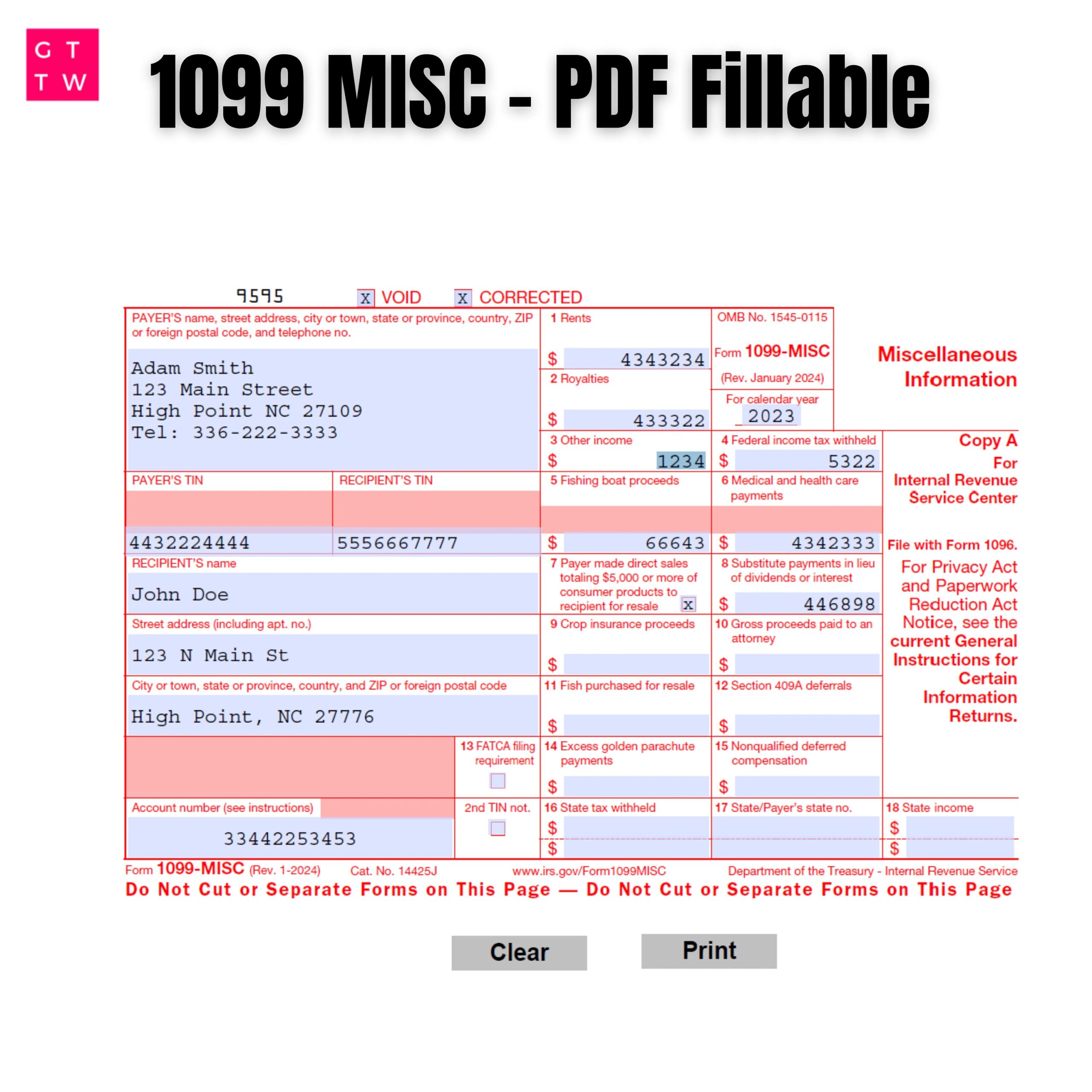 2024 1099 MISC IRS Forms Copy A Print Template PDF Fillable 