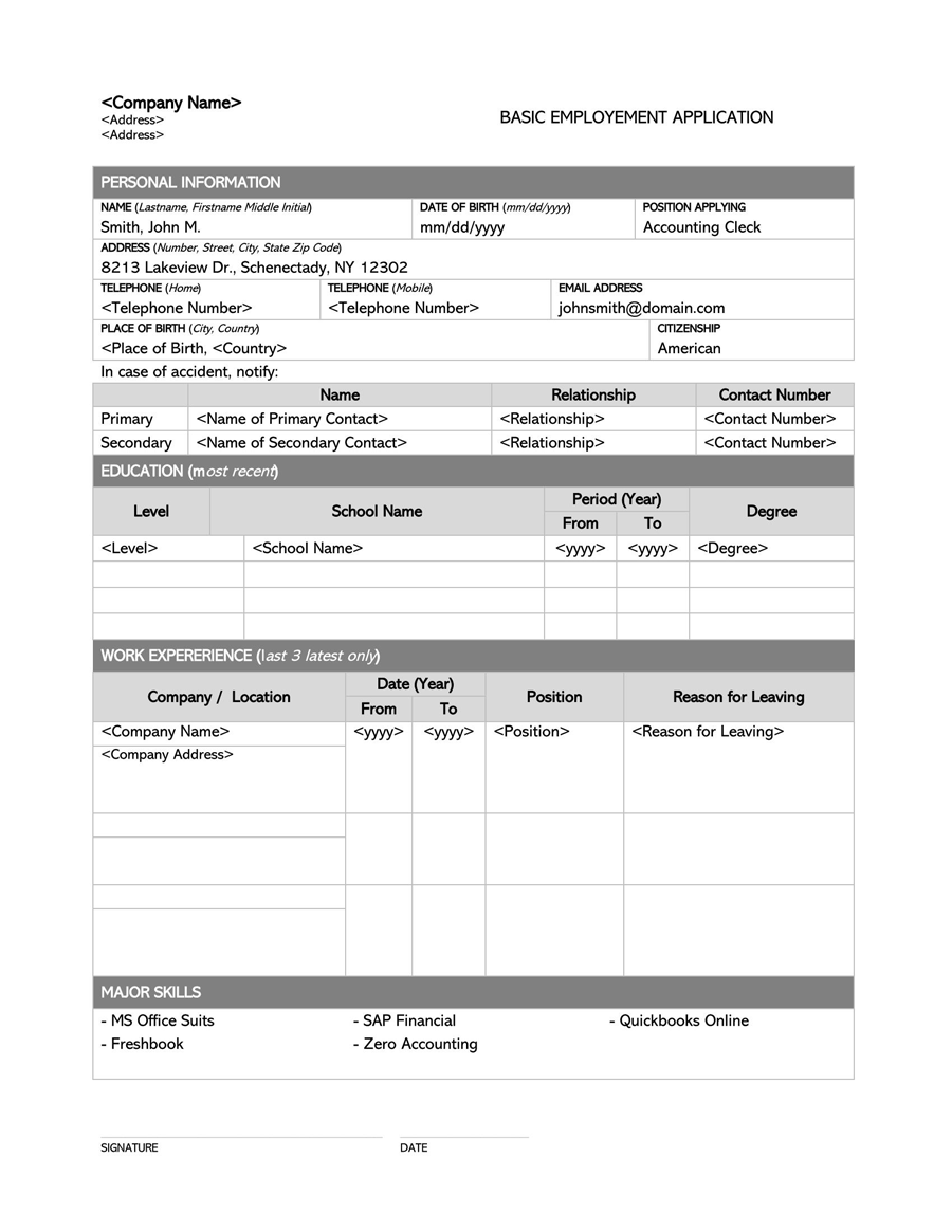 Free Printable Blank Employment Application Form