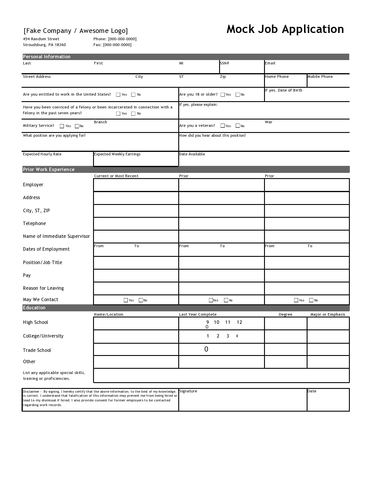 Free Printable Employment Application Form Pdf
