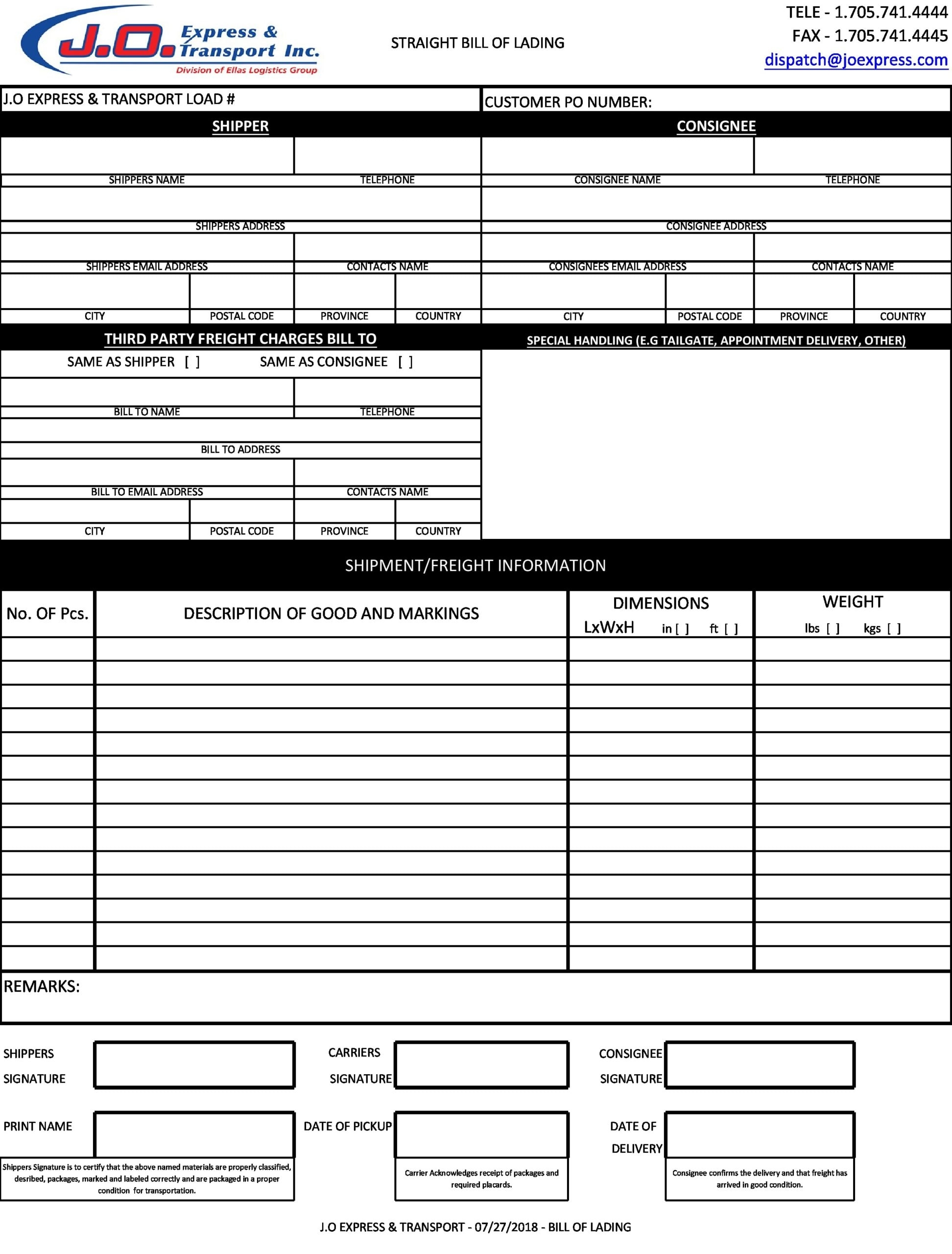 Printable Bill Of Lading Form