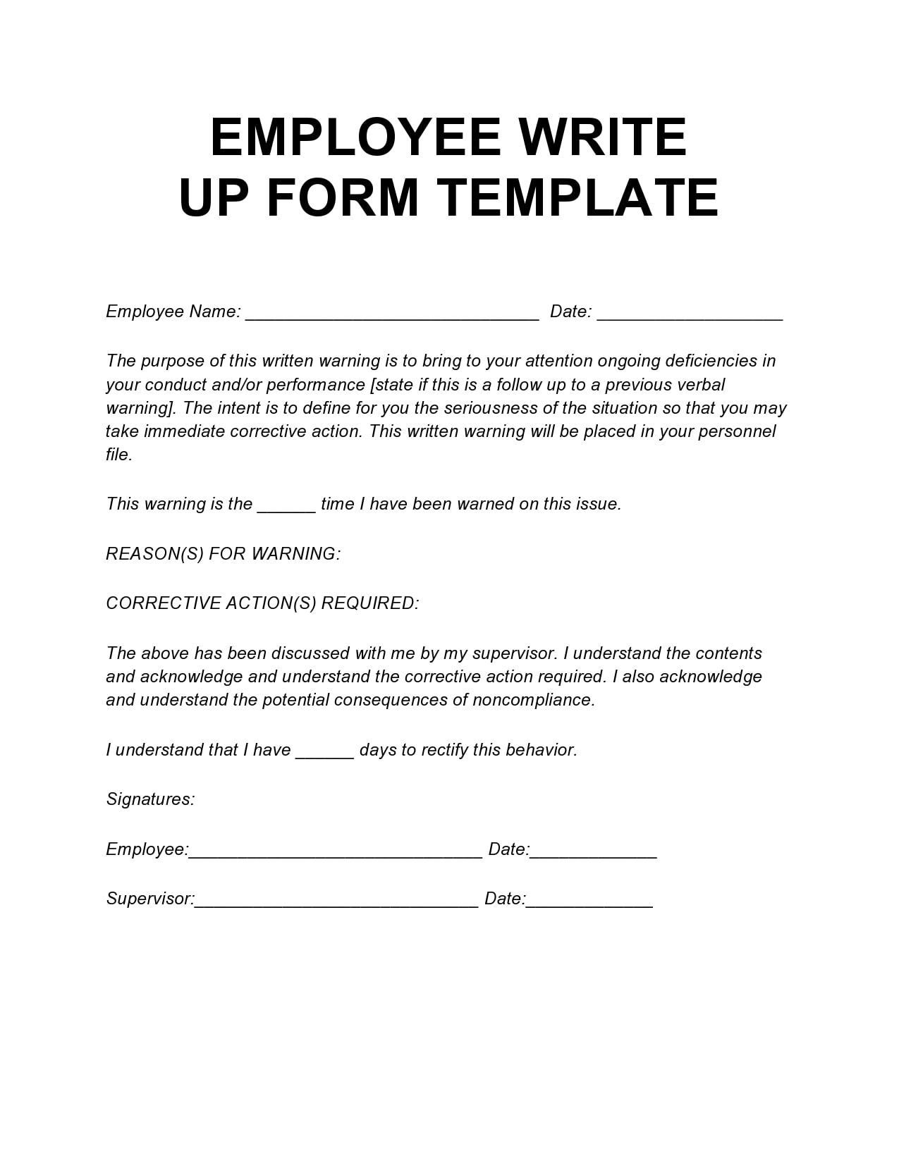 30 Effective Employee Write Up Forms Free Download 