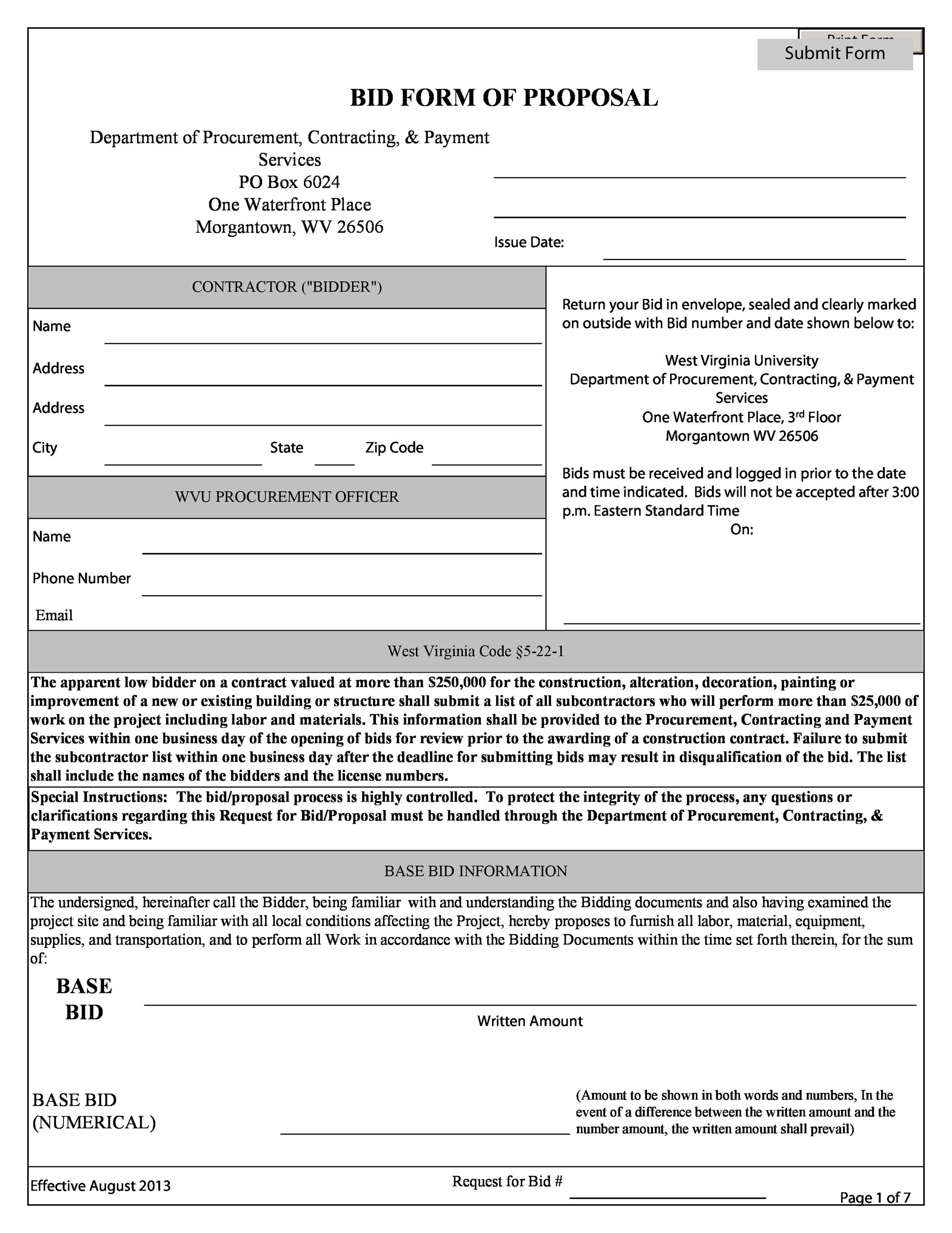 Printable Bid Proposal Forms