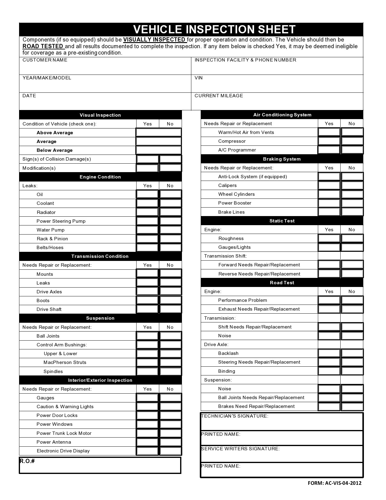 Printable Vehicle Inspection Form Printable Vehicle Inspection Form