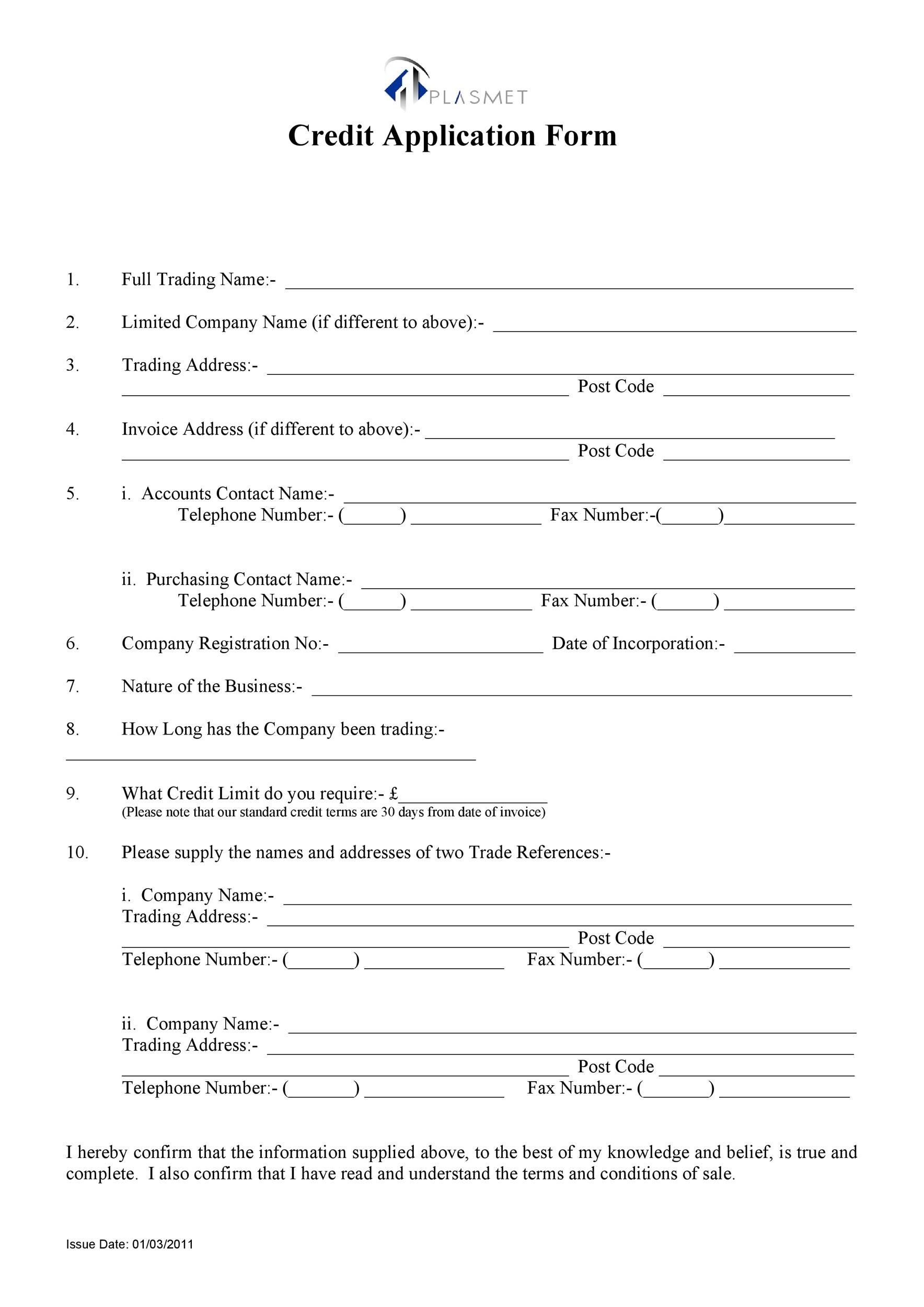 Printable Business Credit Application Form