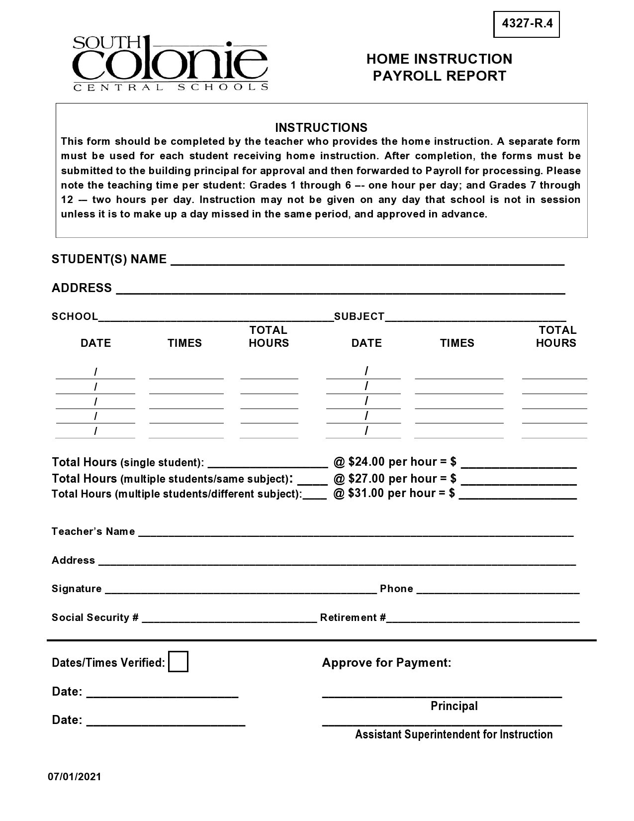 Printable Payroll Change Form