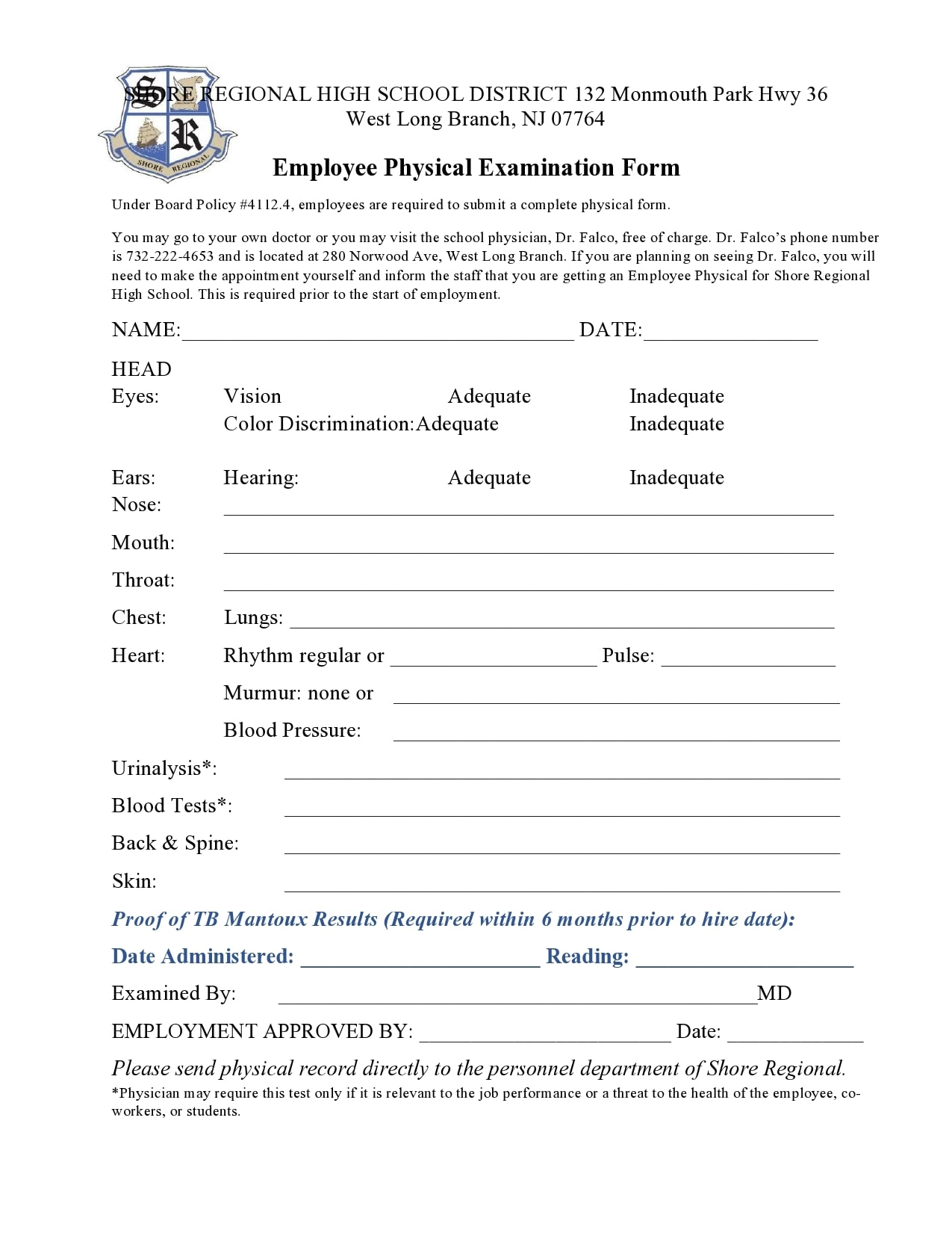 Printable Tb Test Form For Employment