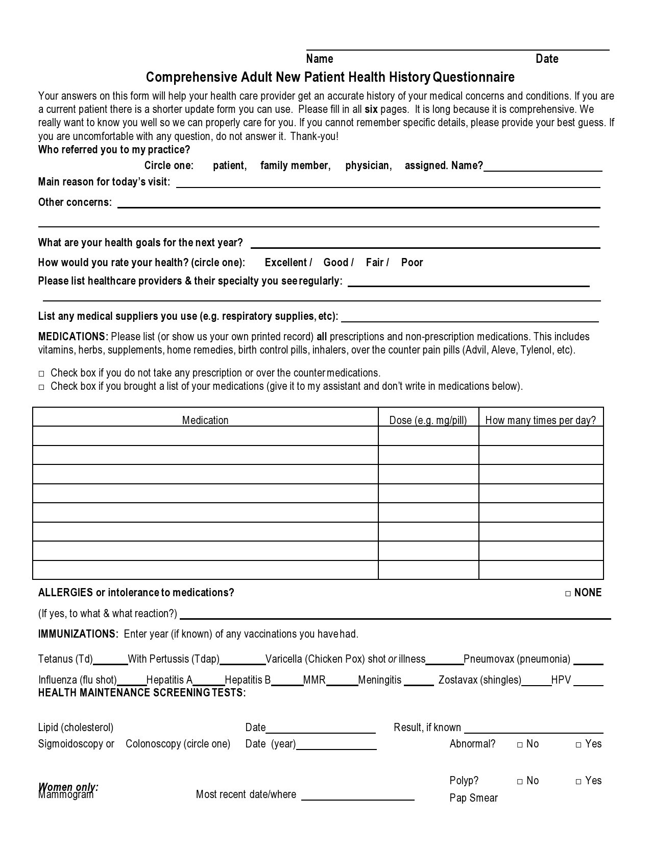 Free Printable Health History Forms