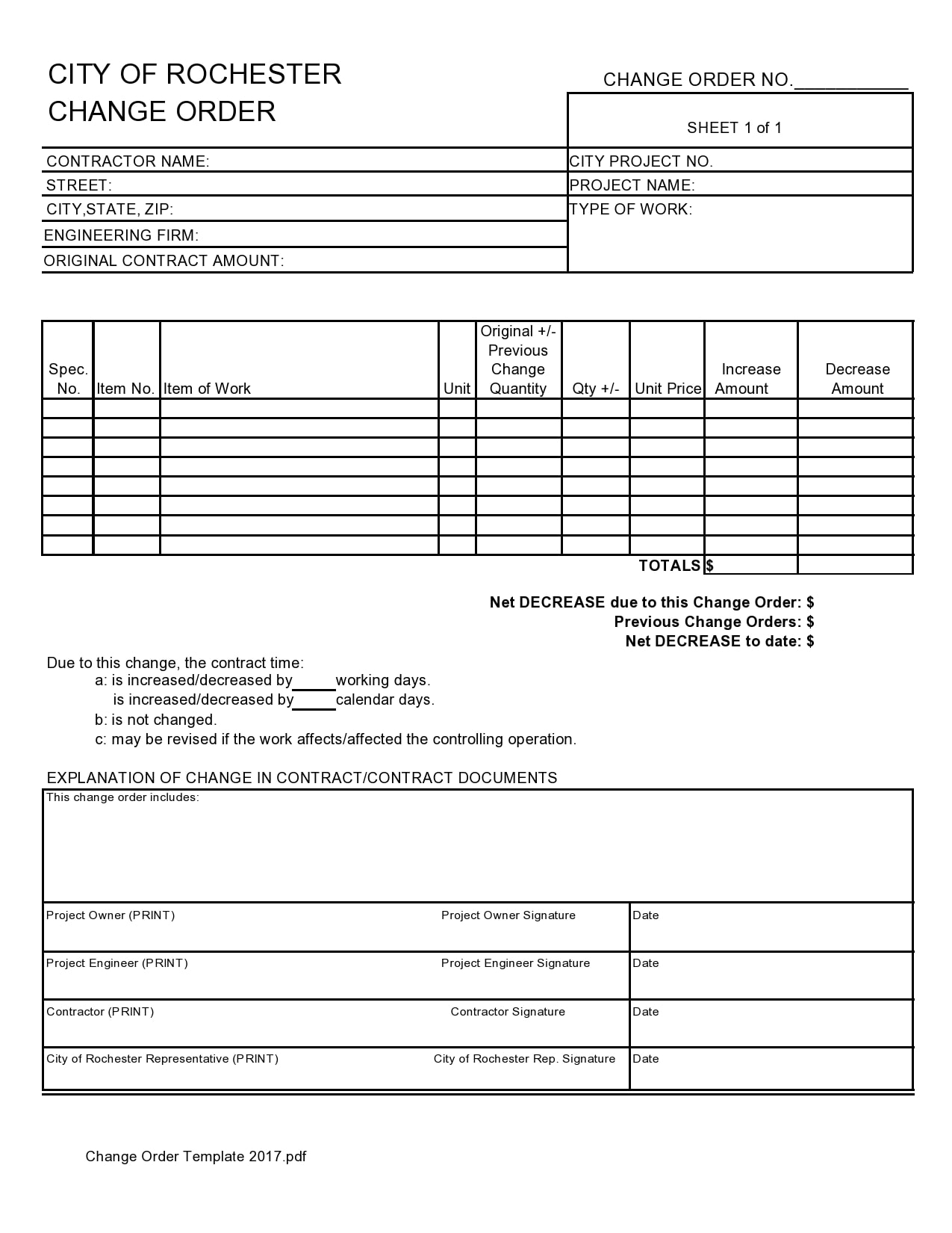 Free Printable Construction Change Order Forms