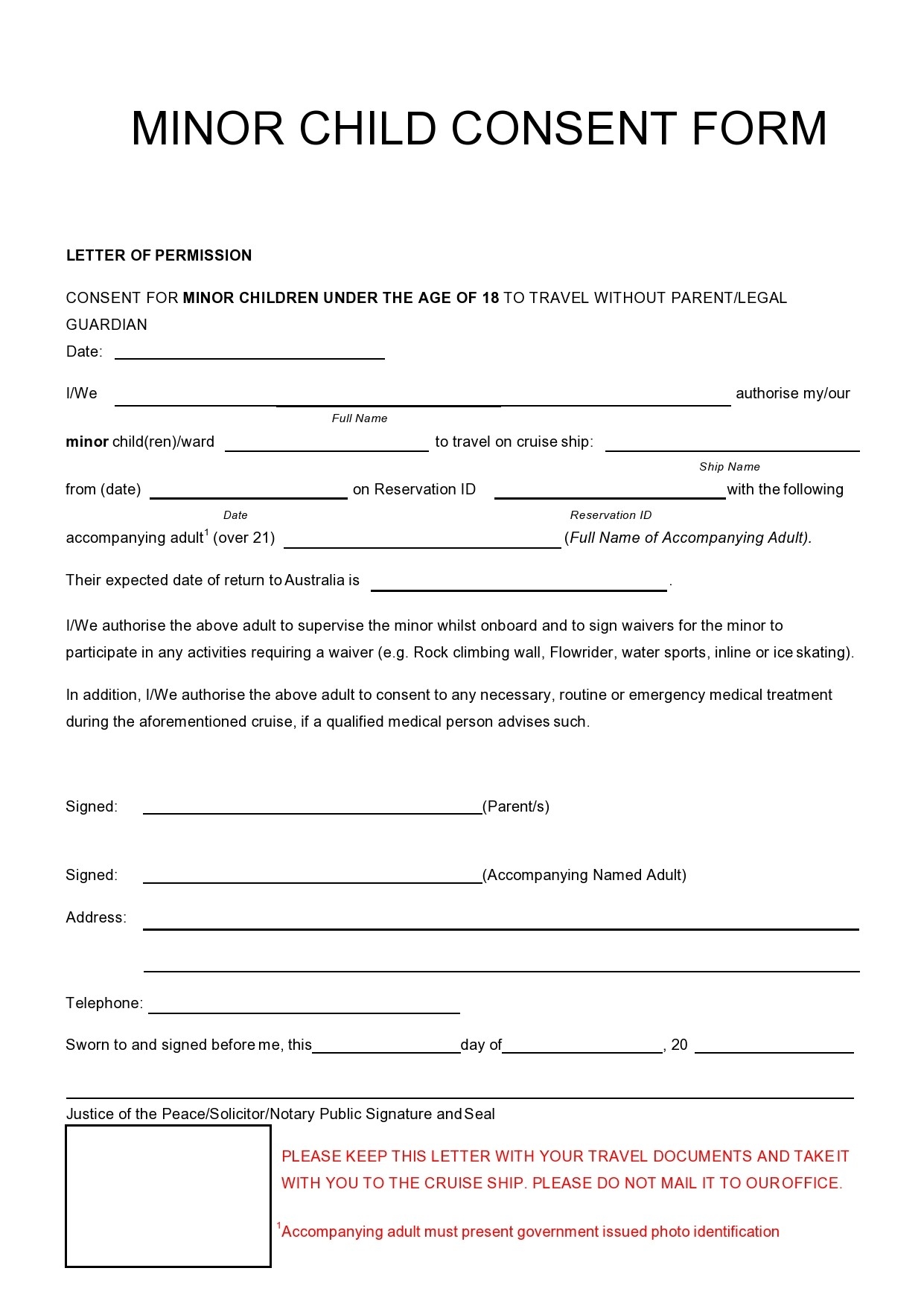 45 Printable Child Travel Consent Forms Word PDF 