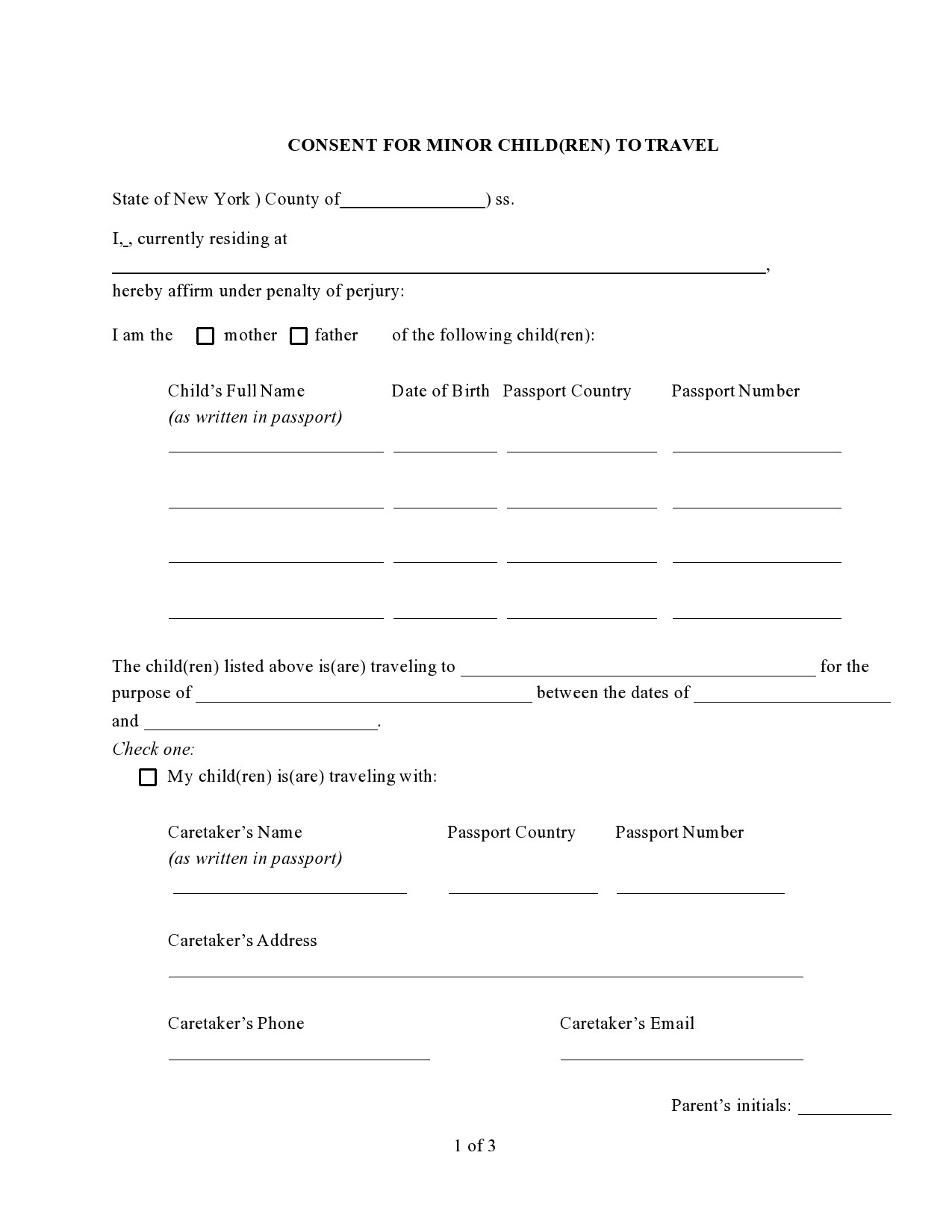 45 Printable Child Travel Consent Forms Word PDF 
