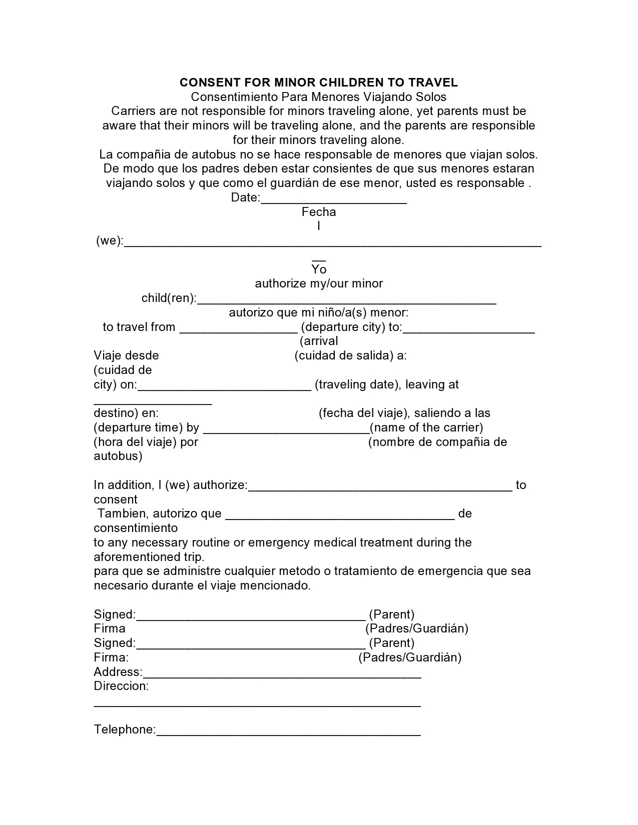 45 Printable Child Travel Consent Forms Word PDF 