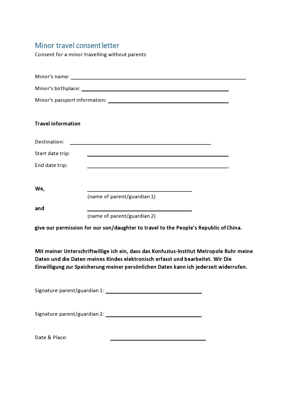 Free Printable Minor Travel Consent Form