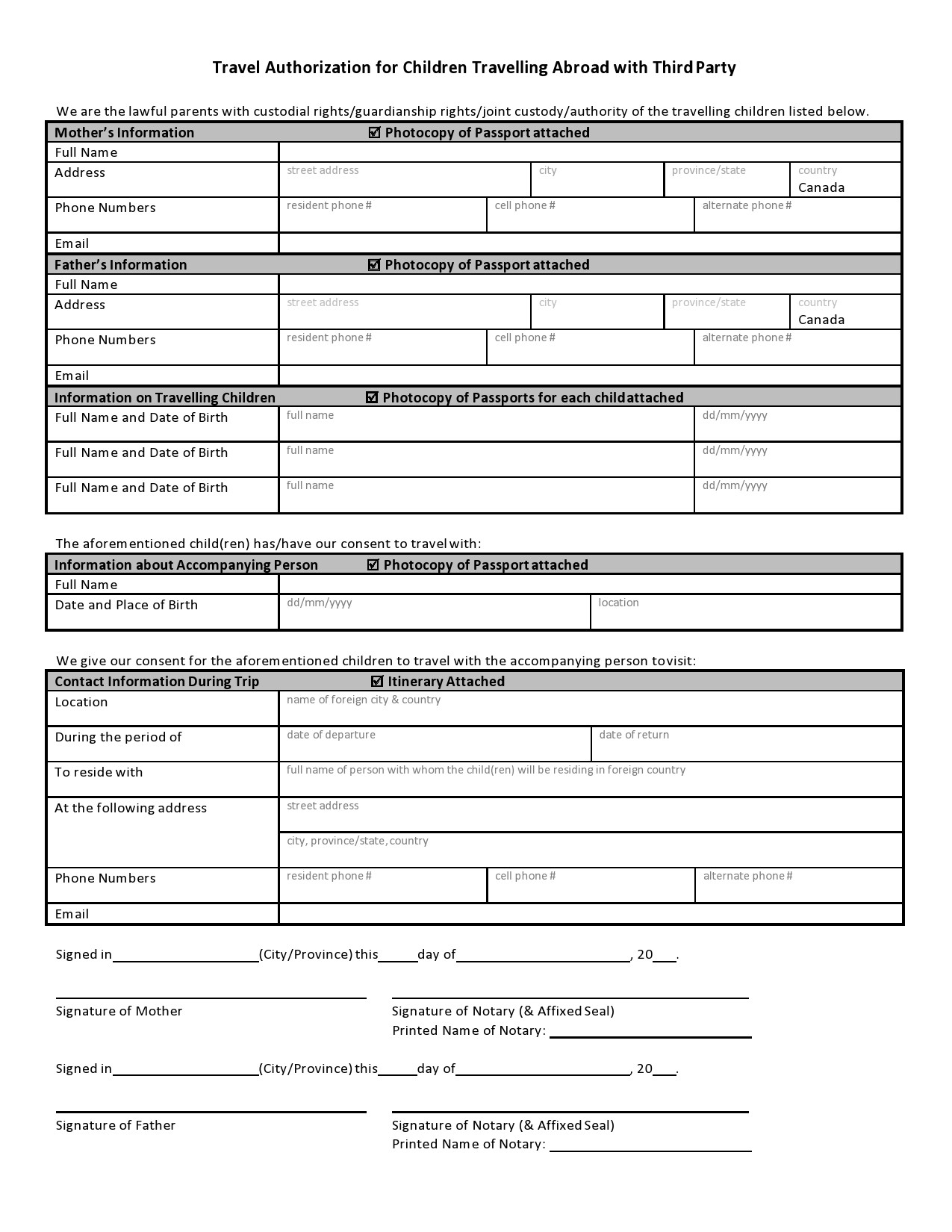 45 Printable Child Travel Consent Forms Word PDF 