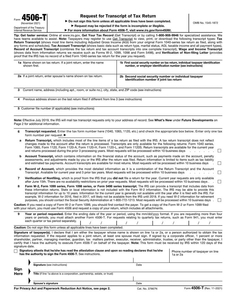 4506 T Form Request For Transcript Of Tax Return Fillable Form