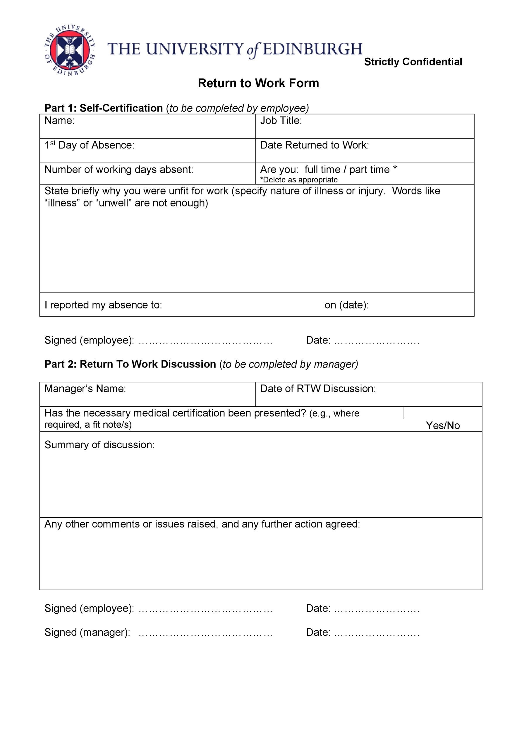 Free Printable Return To Work Form Free Printable Return To Work Form