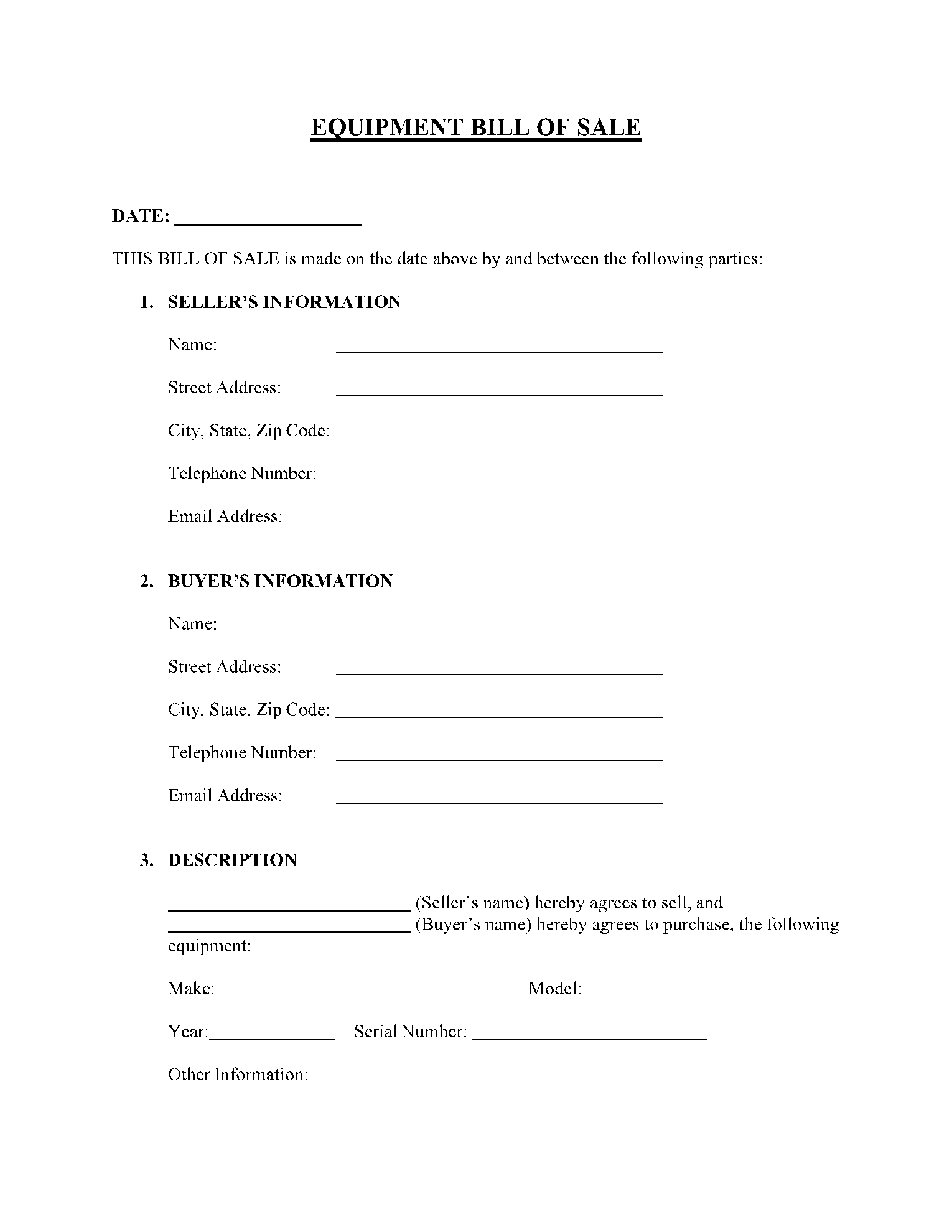 Printable Free Bill Of Sale Form