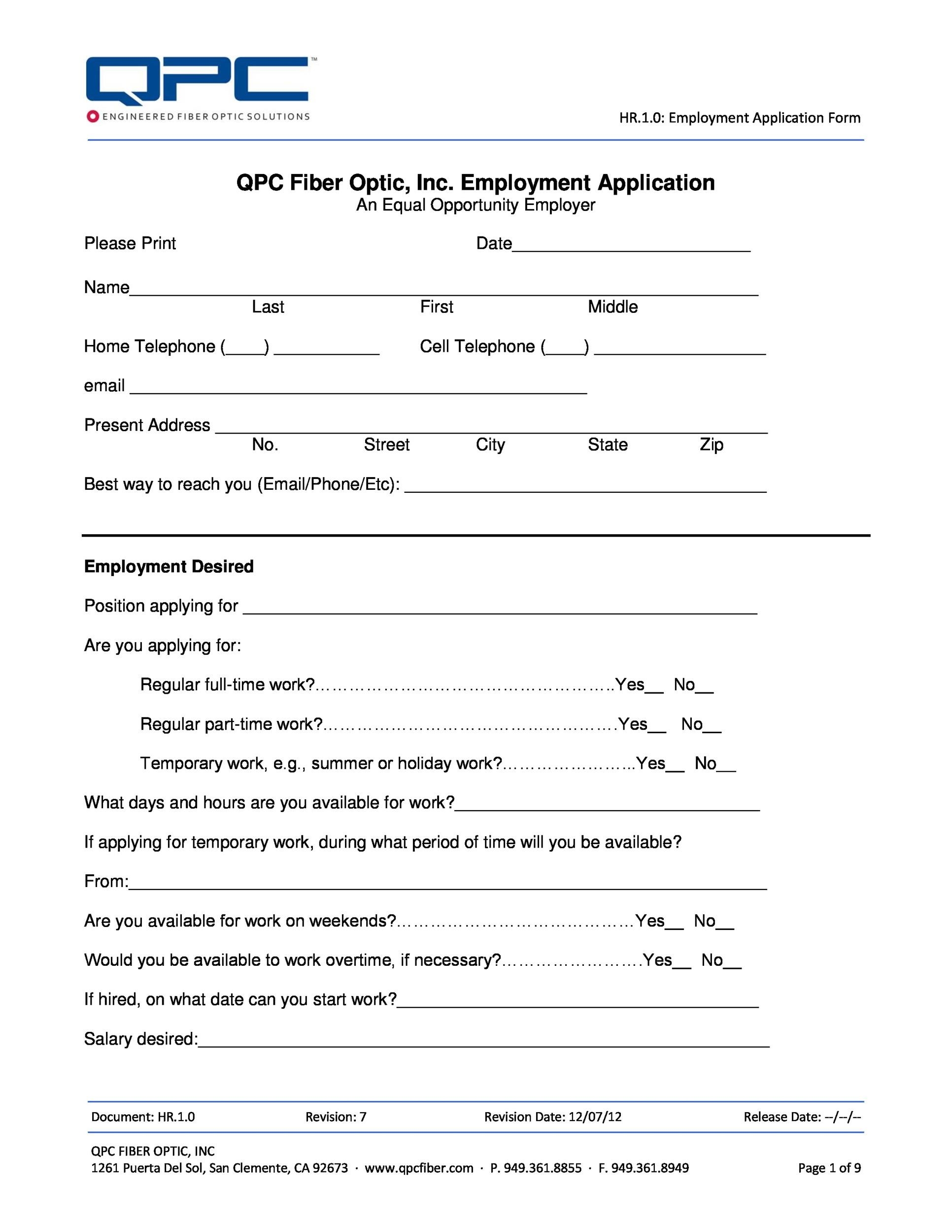 Employee Application Form Printable
