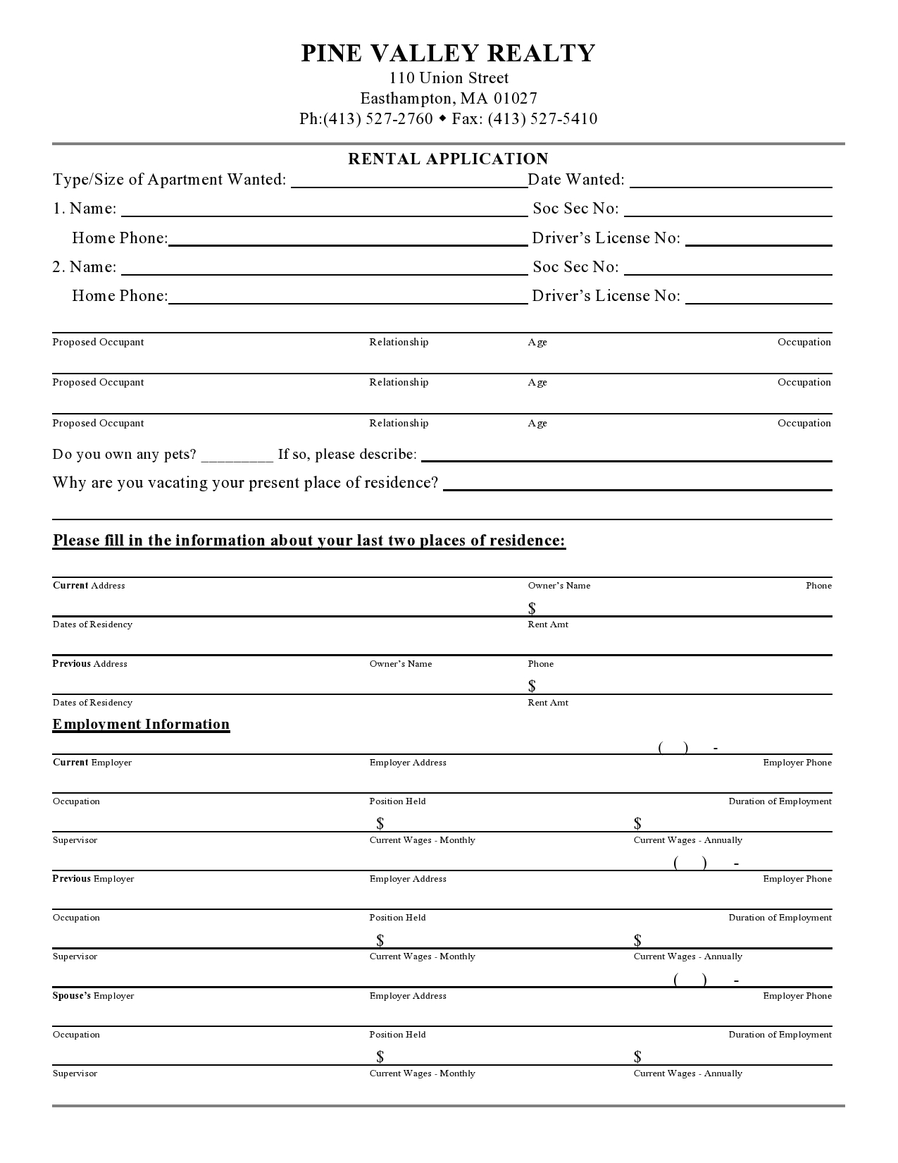 Printable Rental Application Form Free