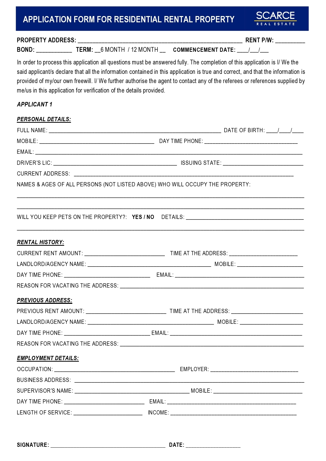 Printable Renters Application Form