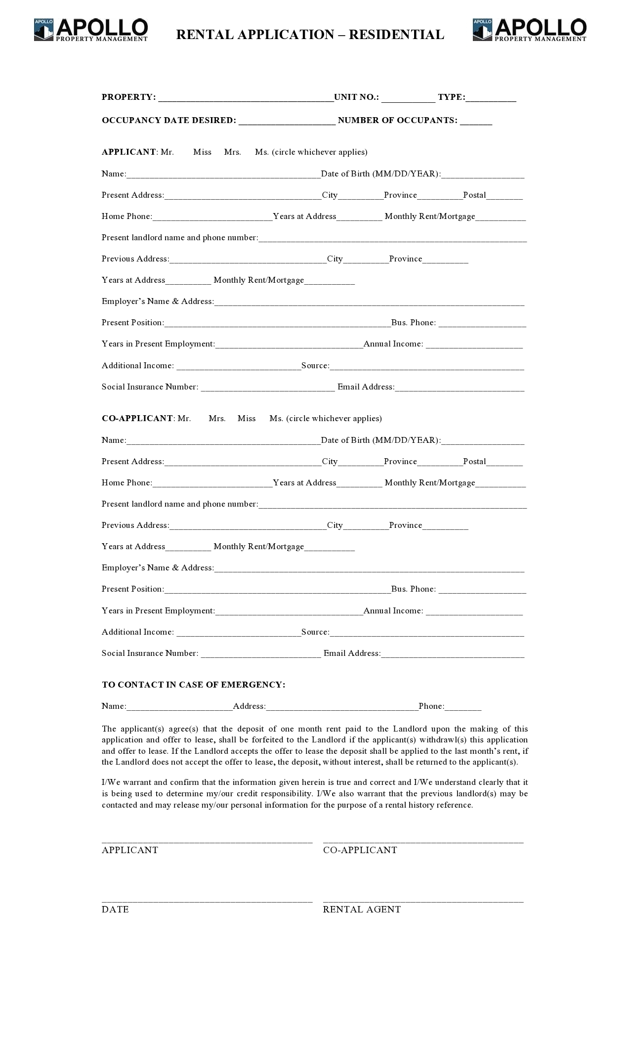 Rental Application Forms Free Printable