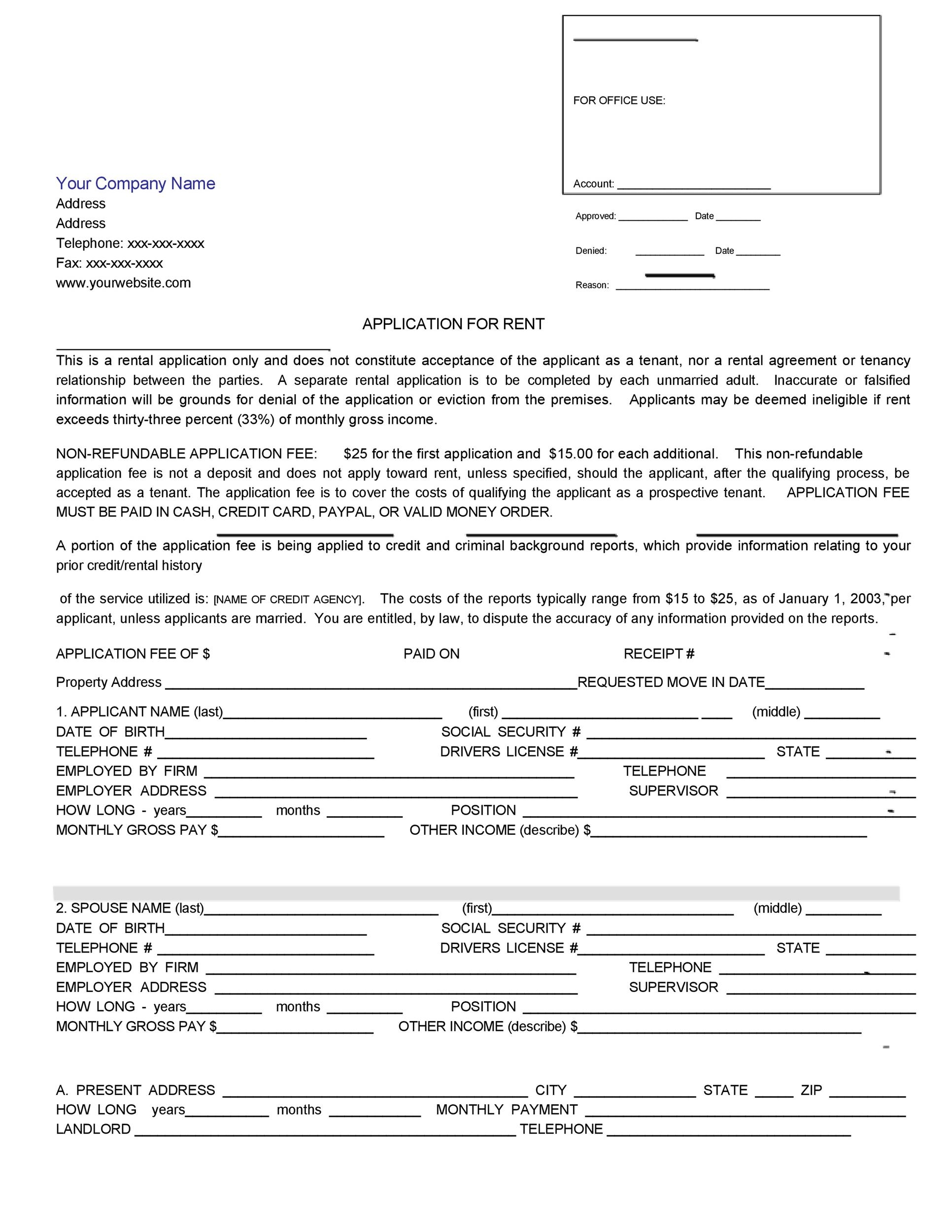 Free Printable House Rental Application Form