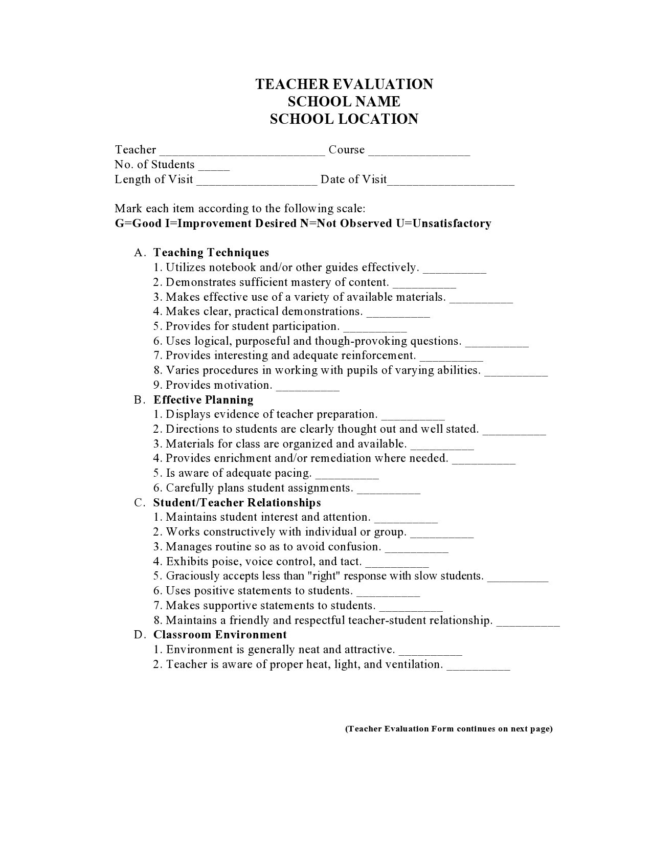 Free Printable Substitute Teacher Feedback Forms Free Printable Substitute Teacher Feedback Forms