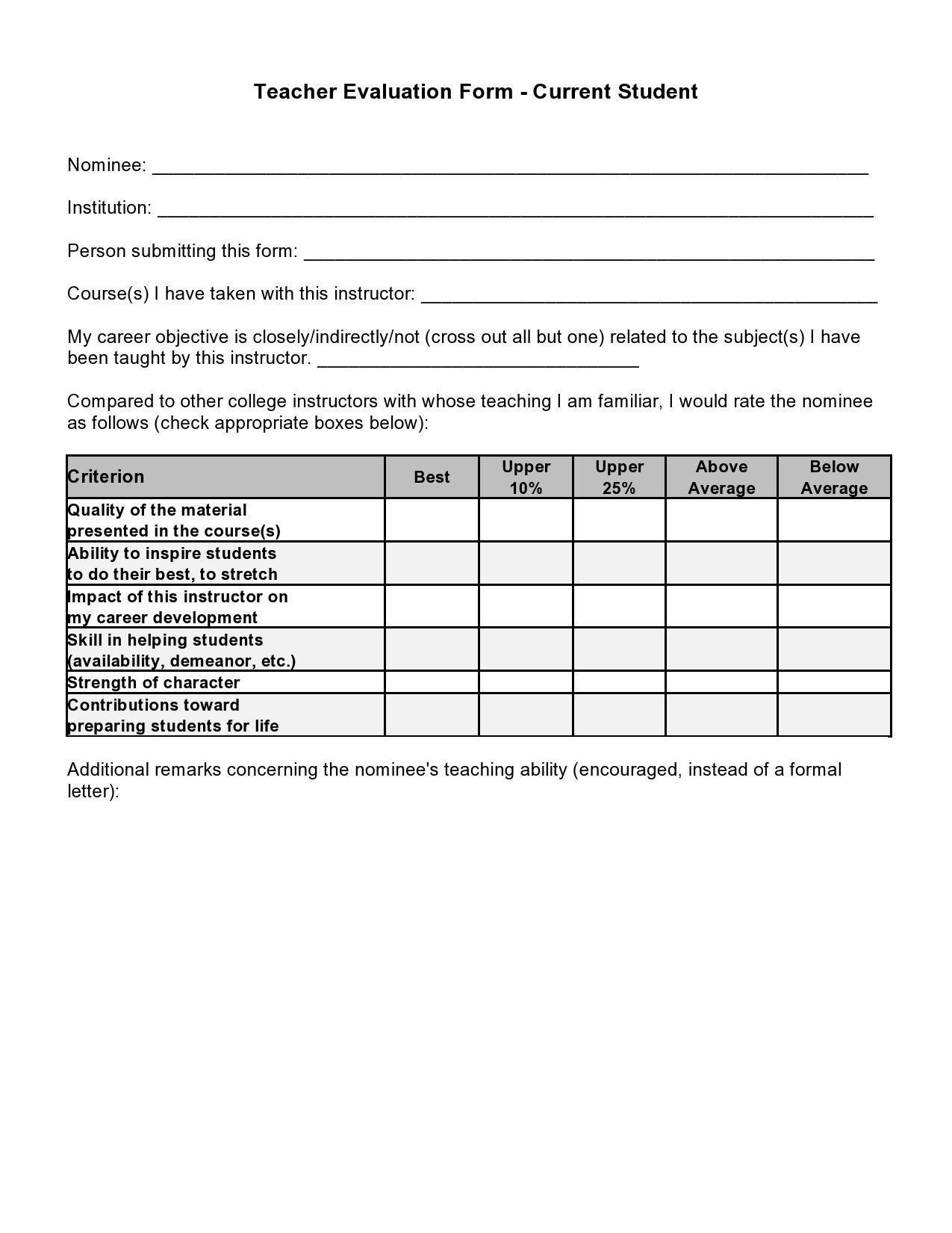 Free Printable Teacher Evaluation Forms Free Printable Teacher Evaluation Forms