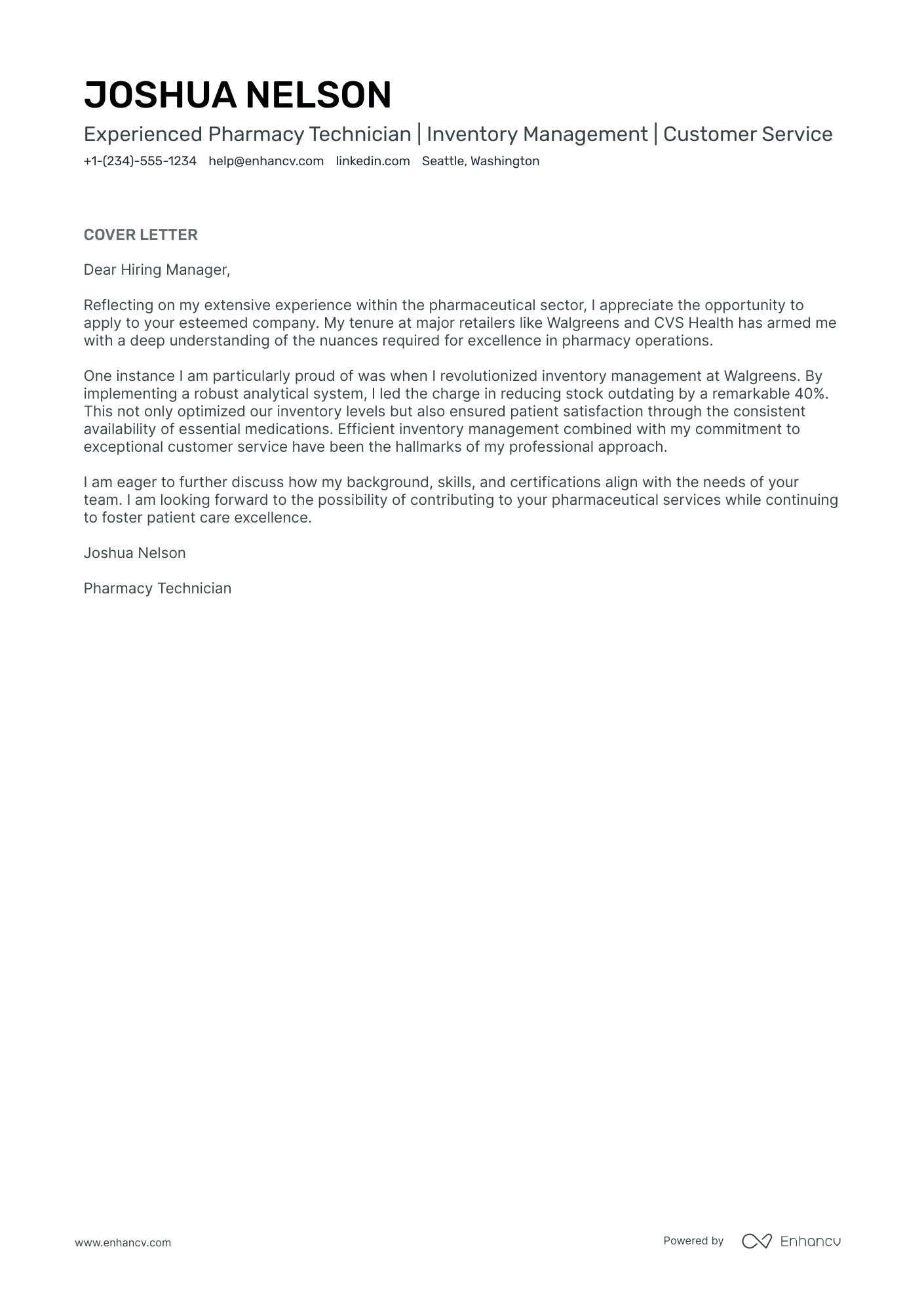 9 Professional Pharmacy Technician Cover Letter Examples And Template For 2025 Enhancv