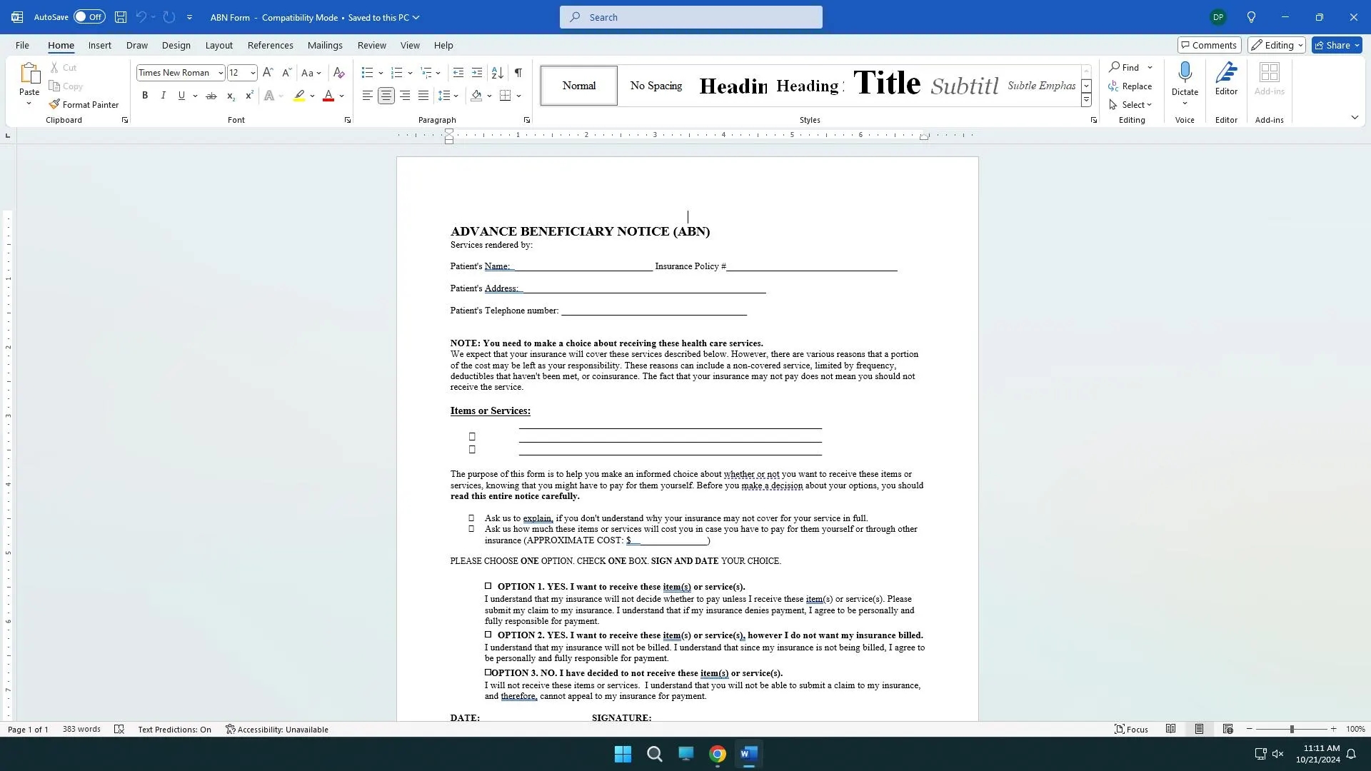 ABN Advance Beneficiary Notice Medical Office Form Template Physician Doctor Downloadable Etsy
