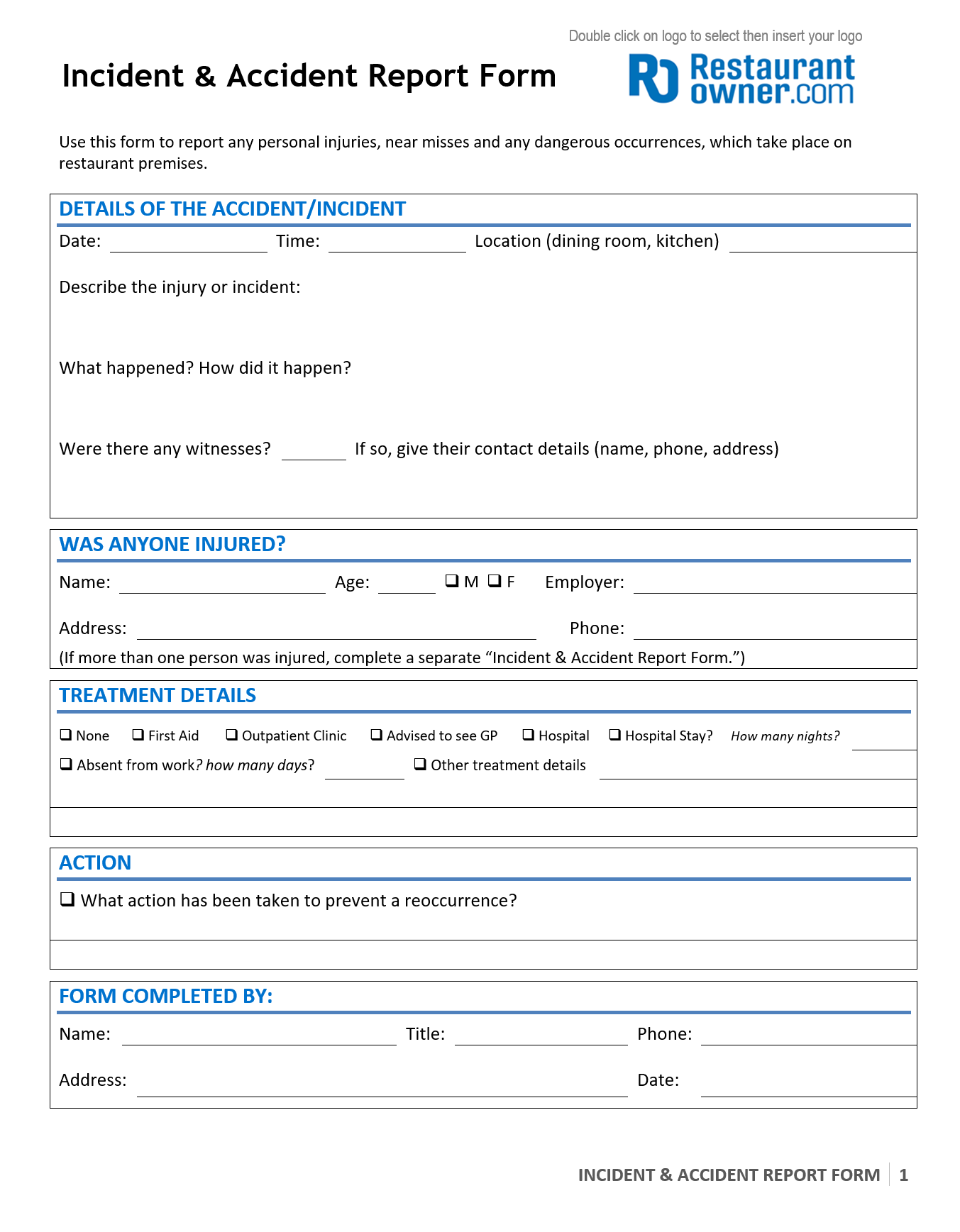 Accident Report Form RestaurantOwner