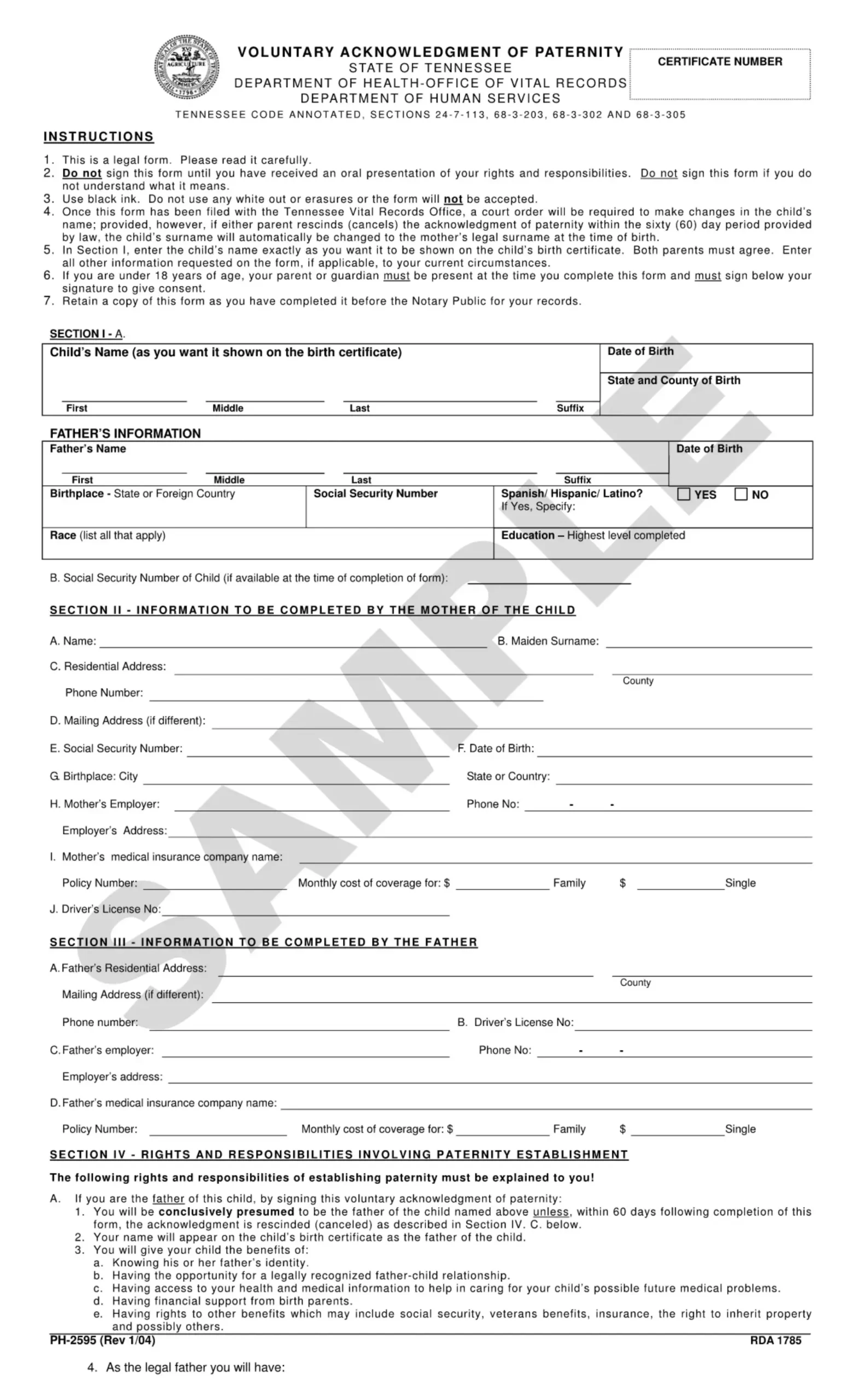 Acknowledge Of Paternity Form Fill Out Printable PDF Forms Online
