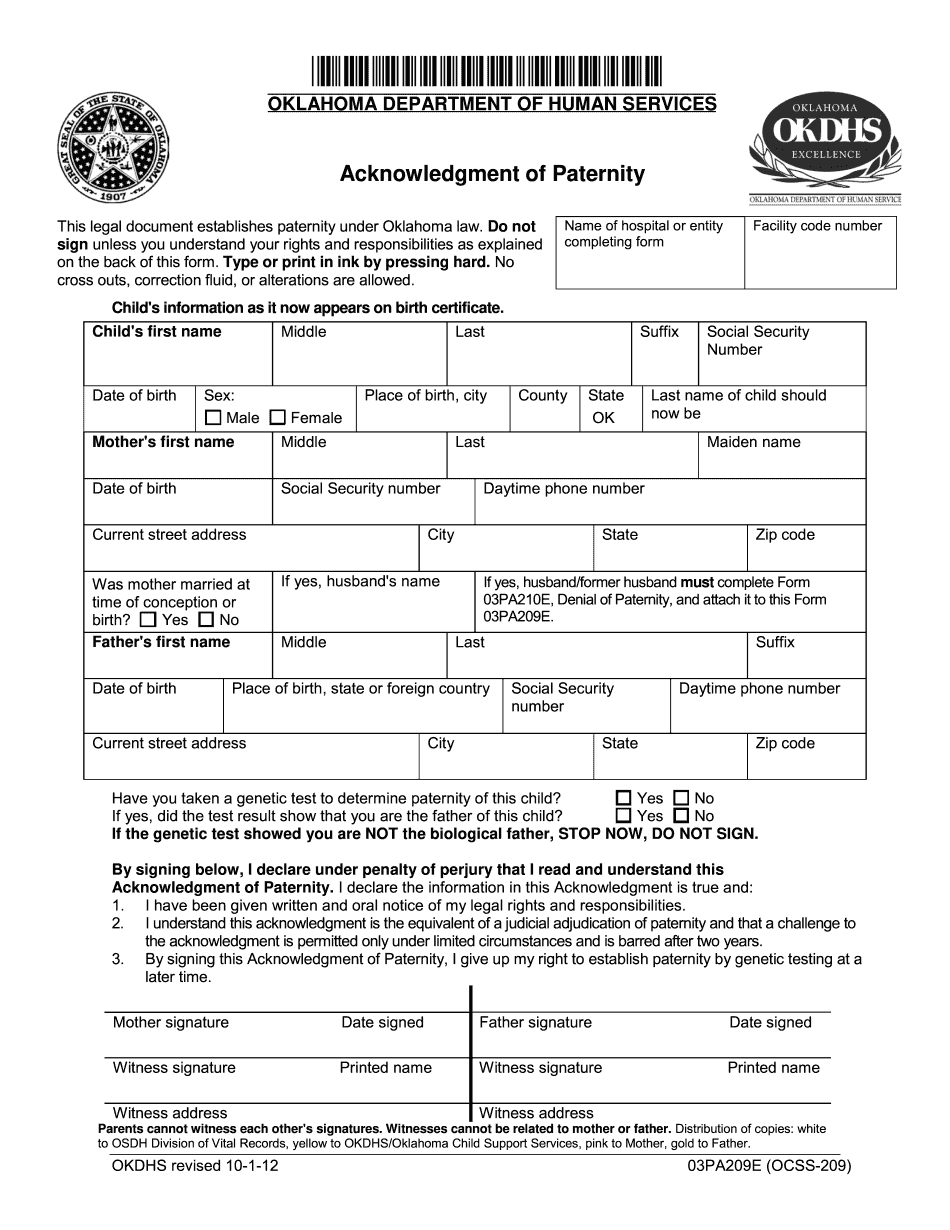 Ackwledgement Of Paternity Form Oklahoma Printable Blank PDF Online