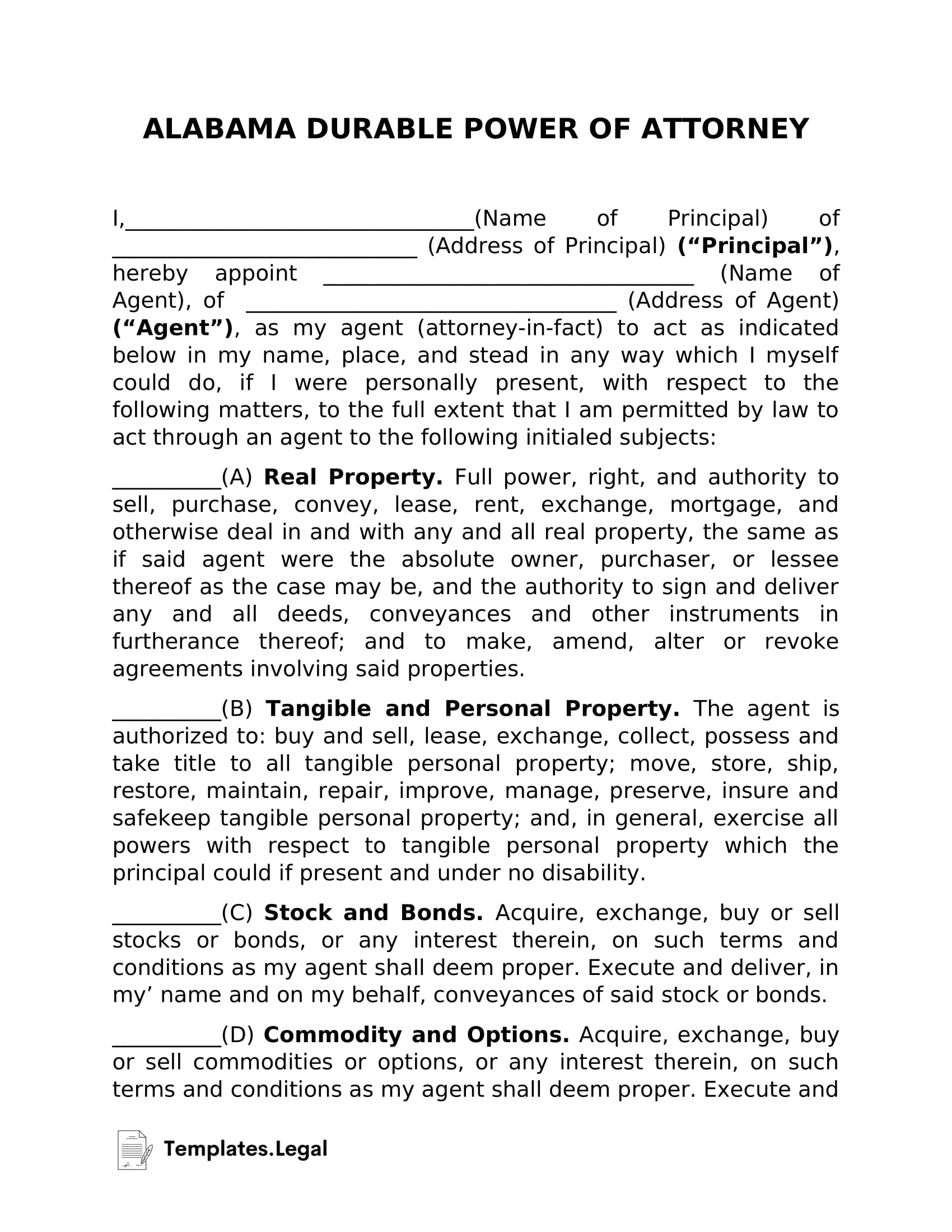 Alabama Power Of Attorney Templates Free Word PDF ODT 