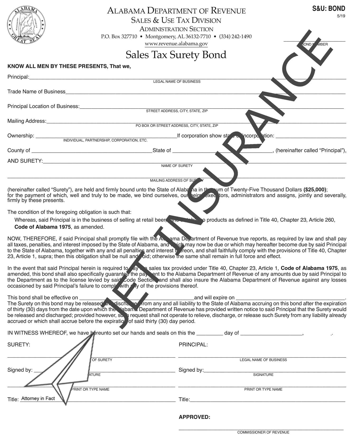 Alabama Sales Tax Bond Jet Insurance Company