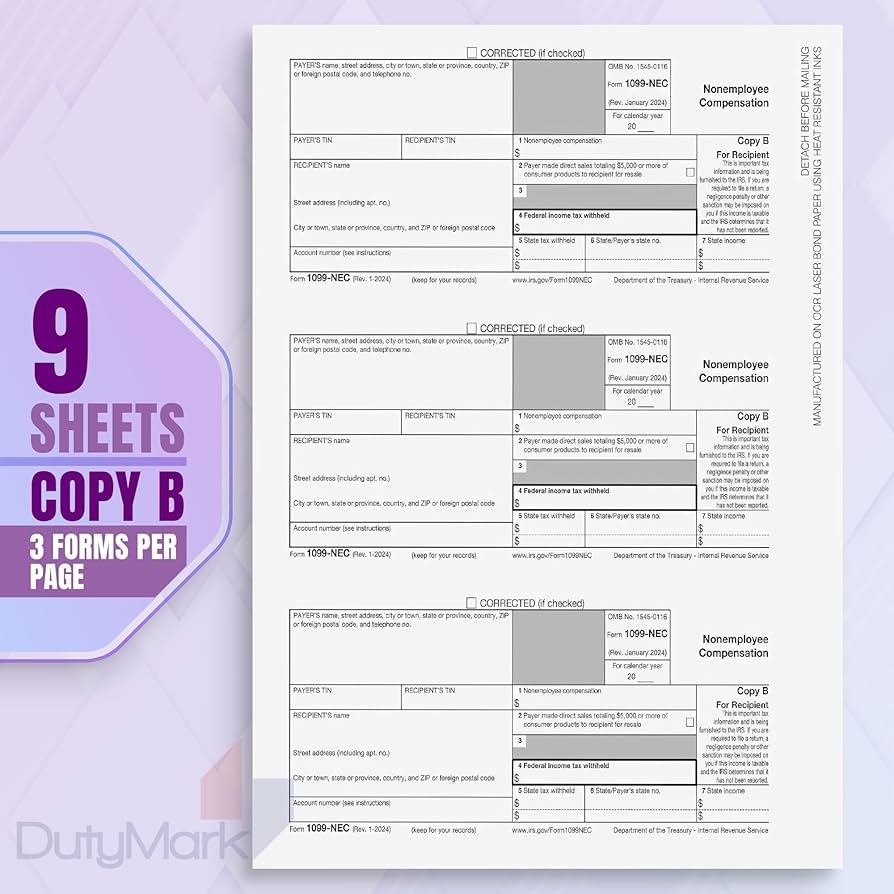 Amazon 1099 1099 NEC Forms 2024 4 Part 25 Vendor Kit Of Laser Forms Compatible With QuickBooks And Accounting 25 Pack Software And Envelopes NOT Included Made In The USA Office Products