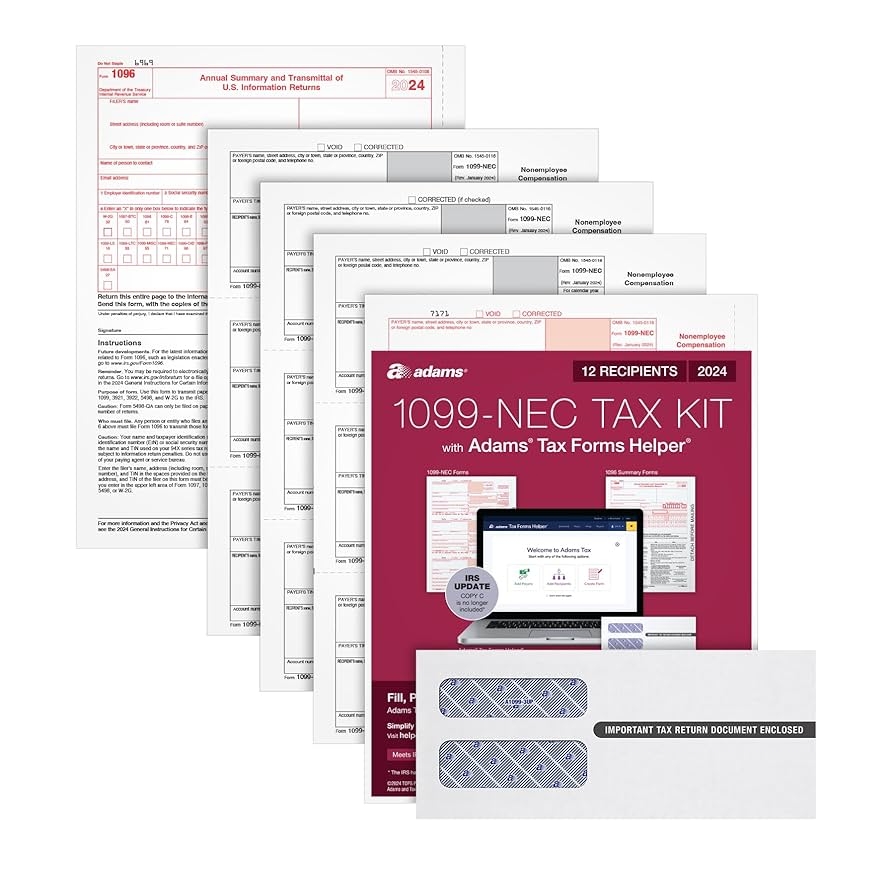 Amazon Adams 2024 1099 NEC Kit For 12 Recipients 4 Part Laser 1099 Forms 3 1096 Forms Self Seal Envelopes Access To Adams Tax Forms Helper 1009316 Office Products