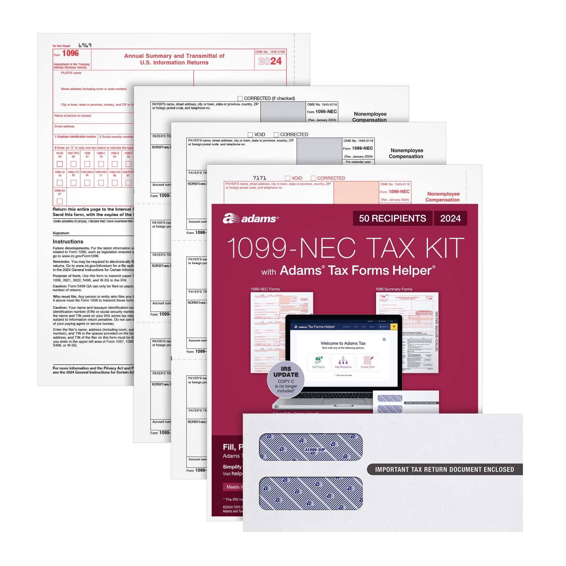Amazon Adams 2024 1099 NEC Tax Forms Kit For 50 Recipients 3 Part 1099 Forms 6 1096 Forms Self Seal Envelopes Access To Adams Tax Forms Helper 1009315 Office Products