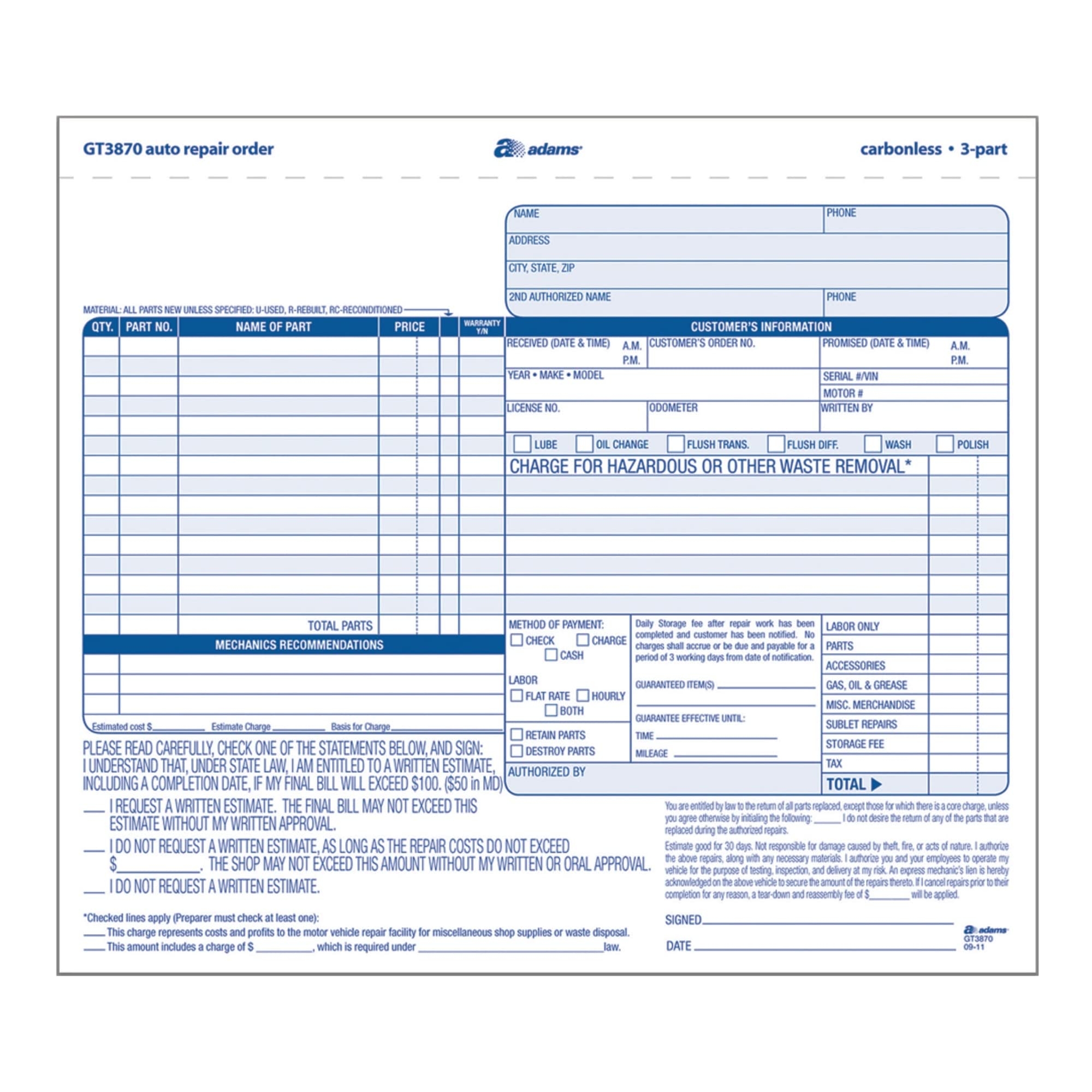Amazon Adams Auto Repair Order Forms 8 5 X 7 44 Inch 3 Part Carbonless 50 Pack White And Canary GT3870 Office Products