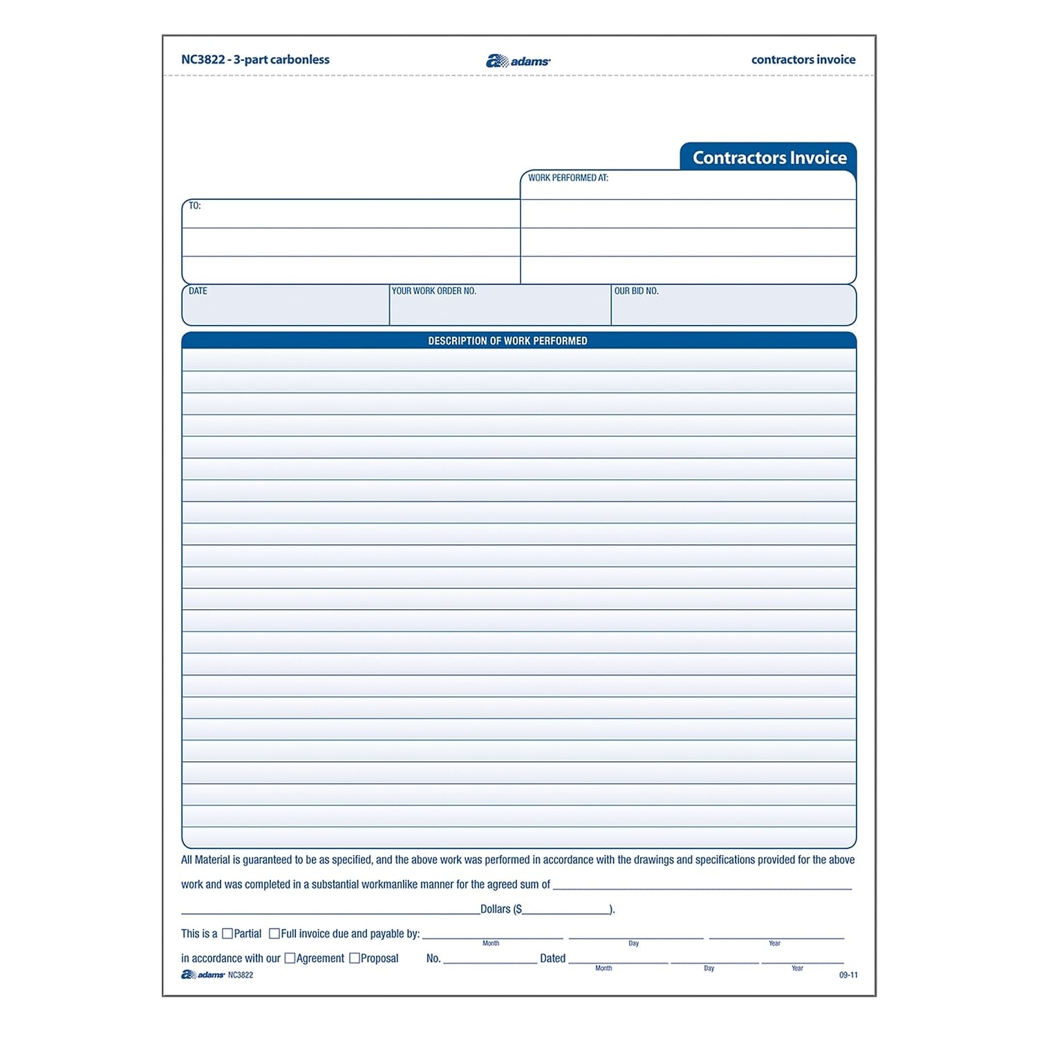 Amazon Adams Contractor Invoice Forms 8 5 X 11 44 Inch 3 Part Carbonless 100 Pack White Canary And Pink NC3822 Office Products
