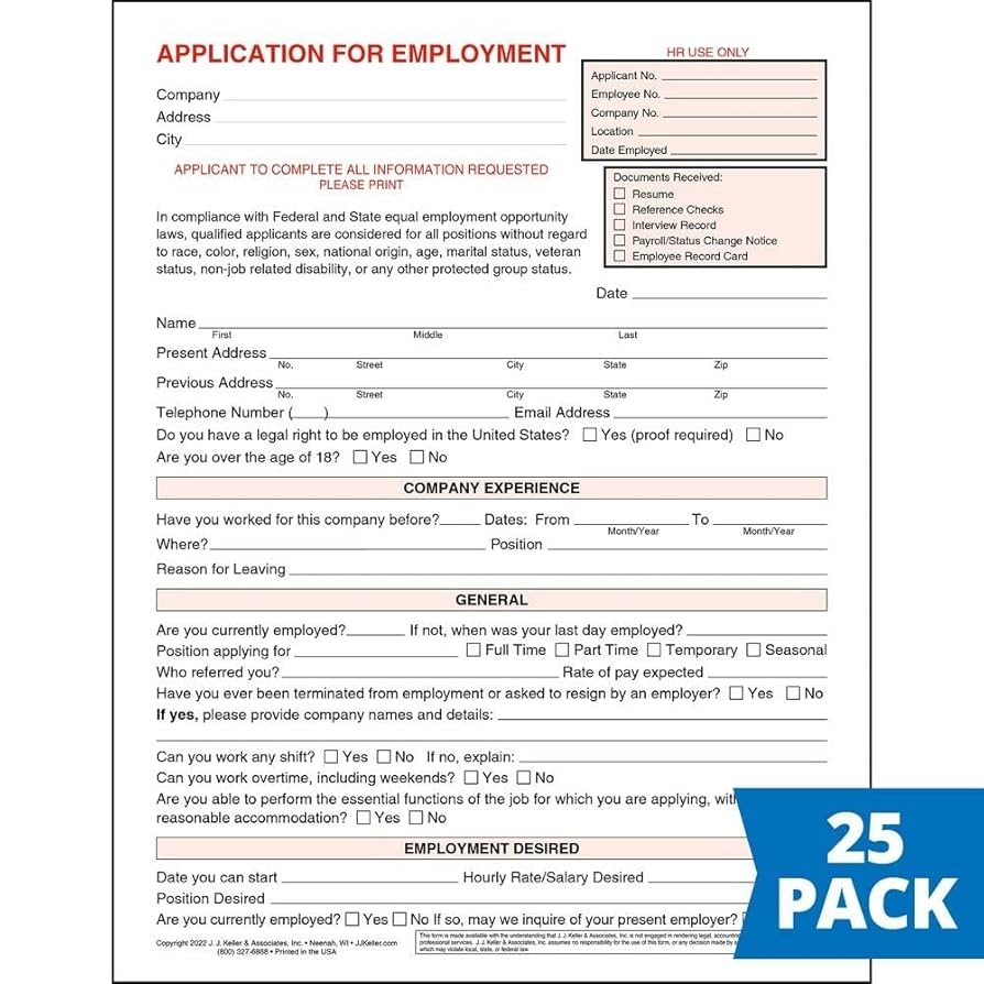 Amazon Application For Employment Form 8 5 X 11 25 Pack J J Keller Associates Inc Office Products