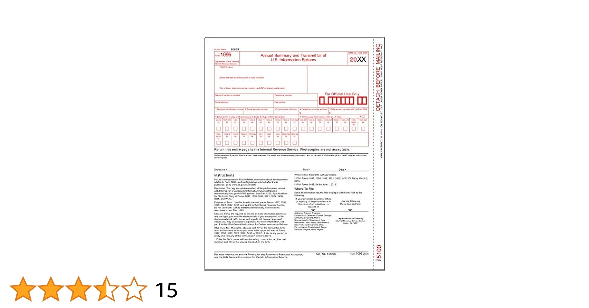 Amazon IRS Approved 1096 Laser Transmittal Summary Red Form 5 Pack Other Products Office Products