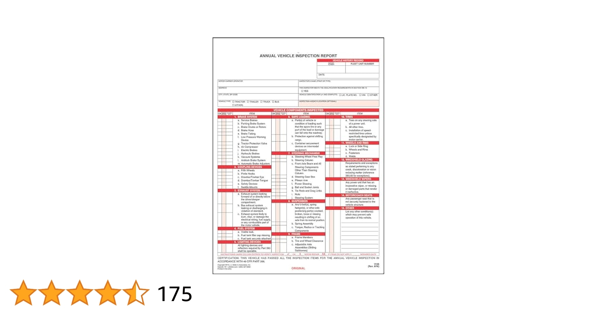 Amazon J J Keller 25 Pack Annual Vehicle Inspection Report Forms 3 Ply Carbonless Form DOT Compliant Office Products