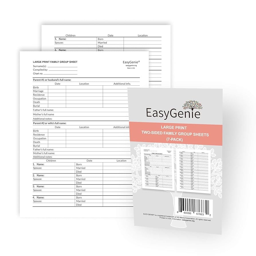 Amazon LARGE PRINT Two Sided Family Group Sheets For Genealogists 7 pack By EasyGenie Archival Quality Genealogy Forms Arts Crafts Sewing