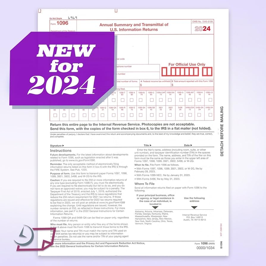 Amazon NextDayLabels 1096 Transmittal 2024 Tax Forms For Laser Or Inkjet Printers Quickbooks And Other Accounting Software Compatible Pack Of 10 For 2024 Office Products