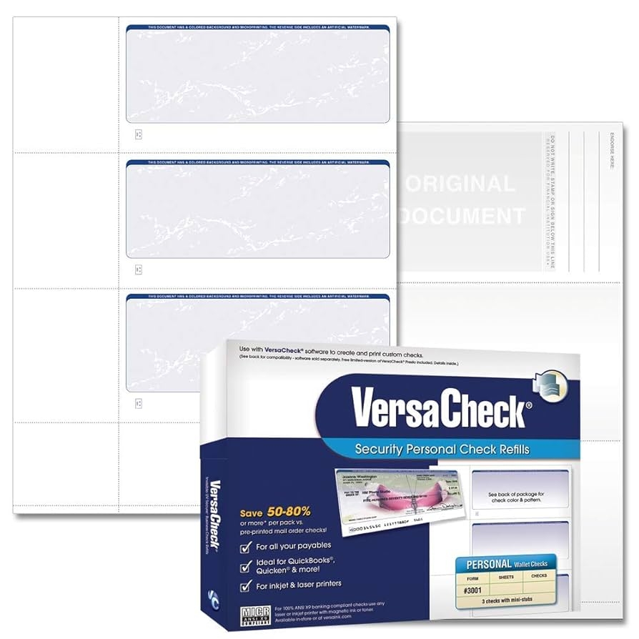 Amazon VersaCheck Secure Checks 750 Blank Business Or Personal Wallet Checks Blue Prestige 250 Sheets Form 3001 3 Per Sheet 31BP01 01255 4 Office Products