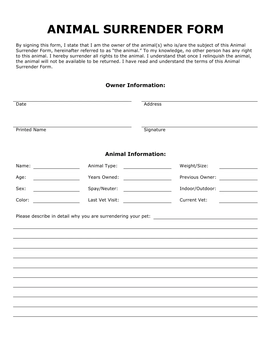 Animal Surrender Form Fill Out Sign Online And Download PDF Templateroller