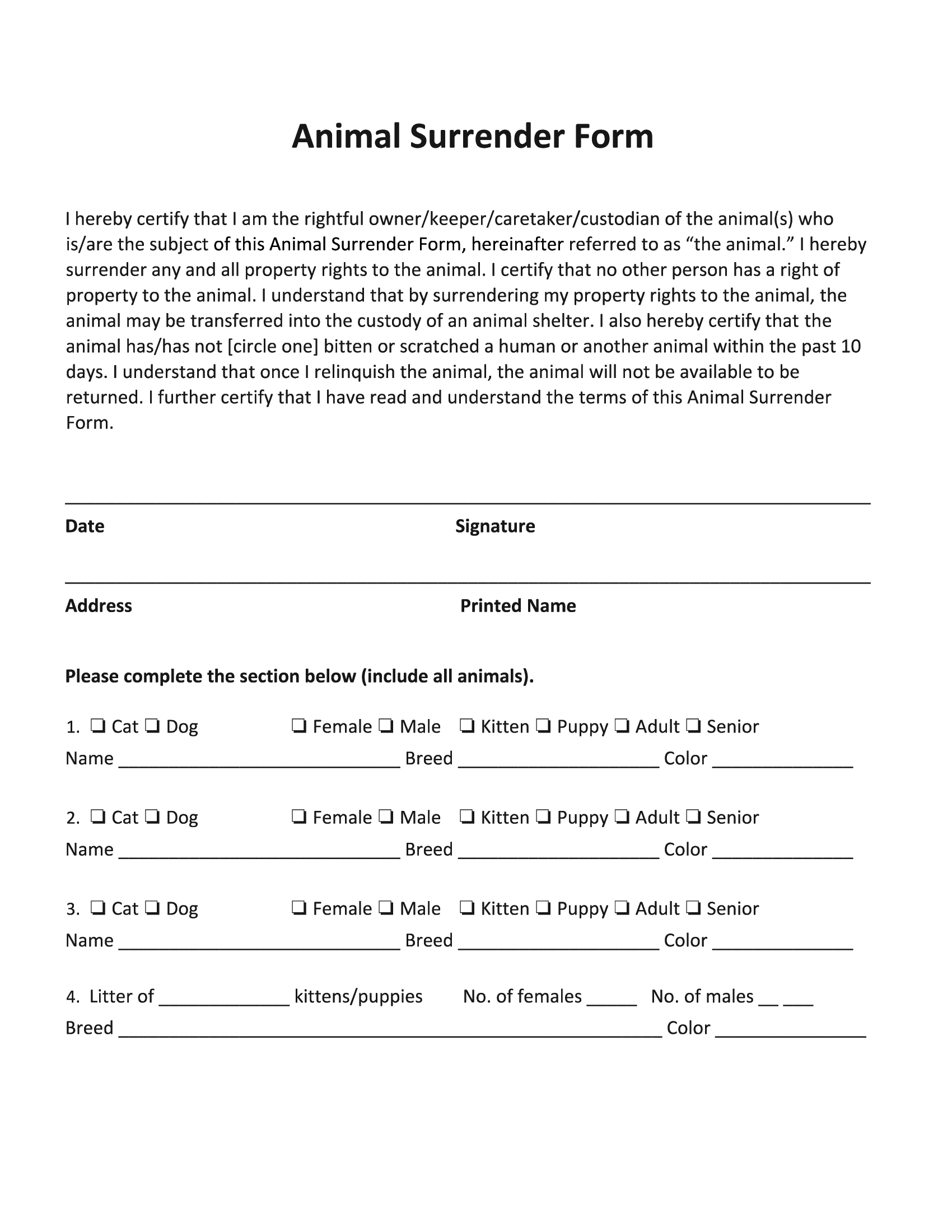 Animal Surrender Form Forms Docs 2023