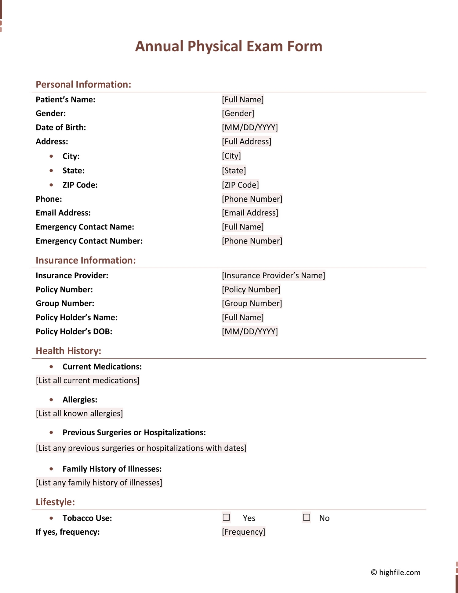 Annual Physical Exam Form Word PDF Google Docs Highfile