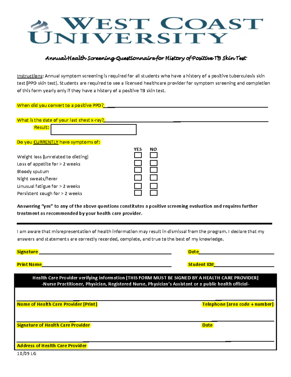 Annual TB Questionnaire For Positive Annual Health Screening Questionnaire For History Of Positive Studocu